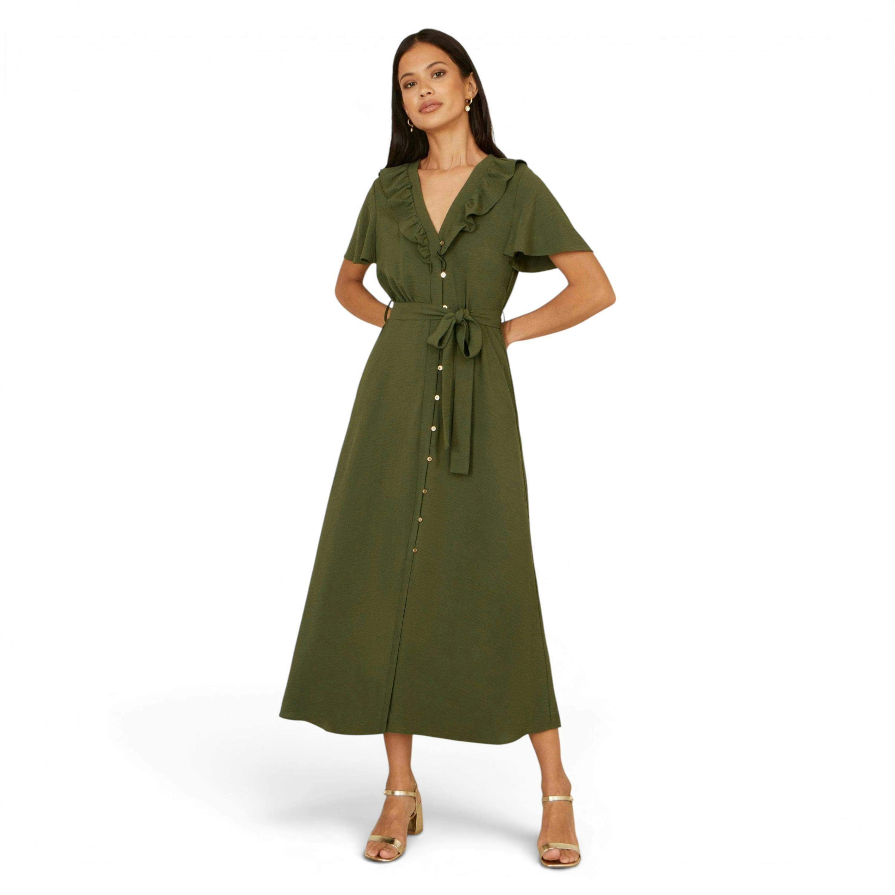 Yumi Green Ruffle Collar Midi Shirt Dress , view 3 of 6