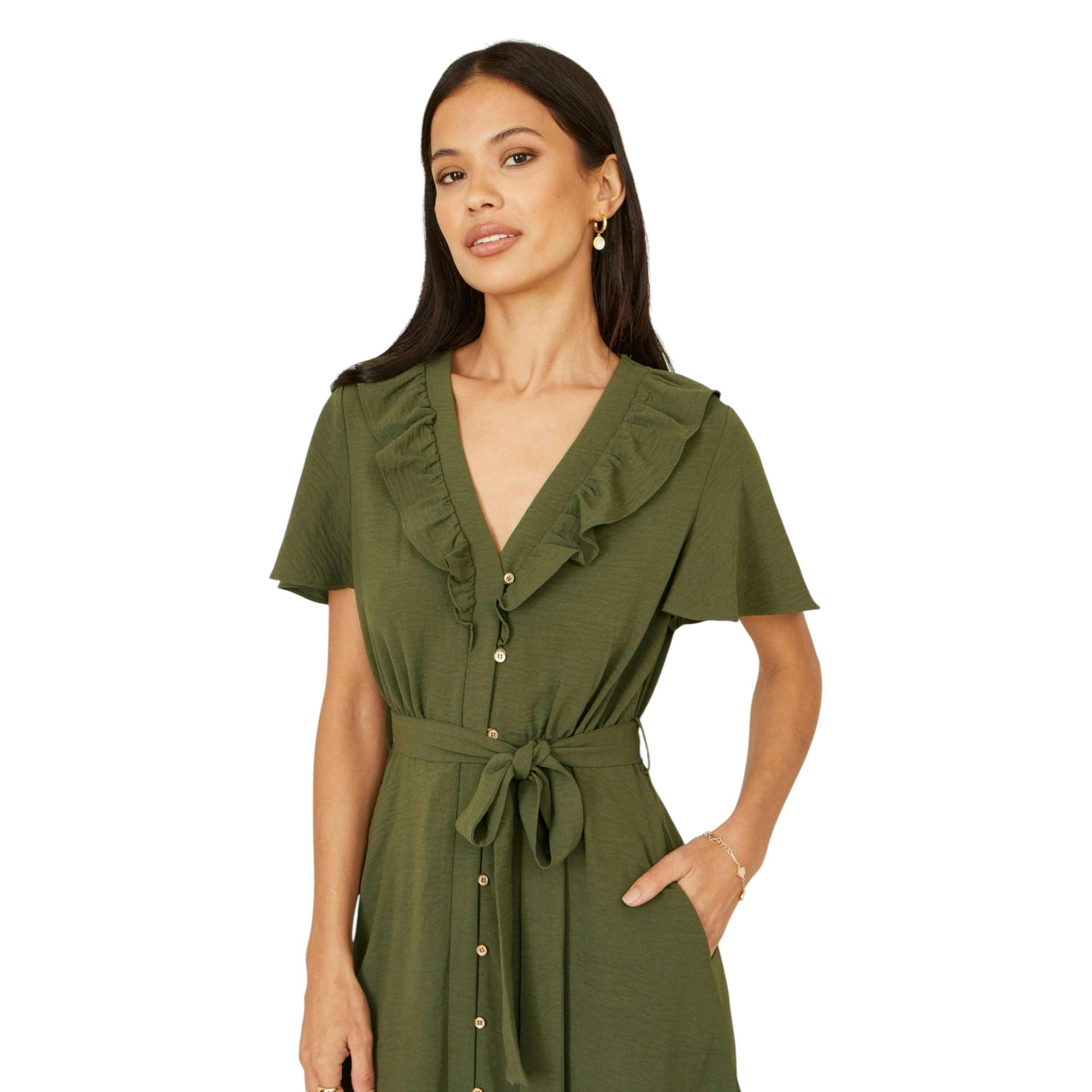 Yumi Green Ruffle Collar Midi Shirt Dress , view 5 of 6