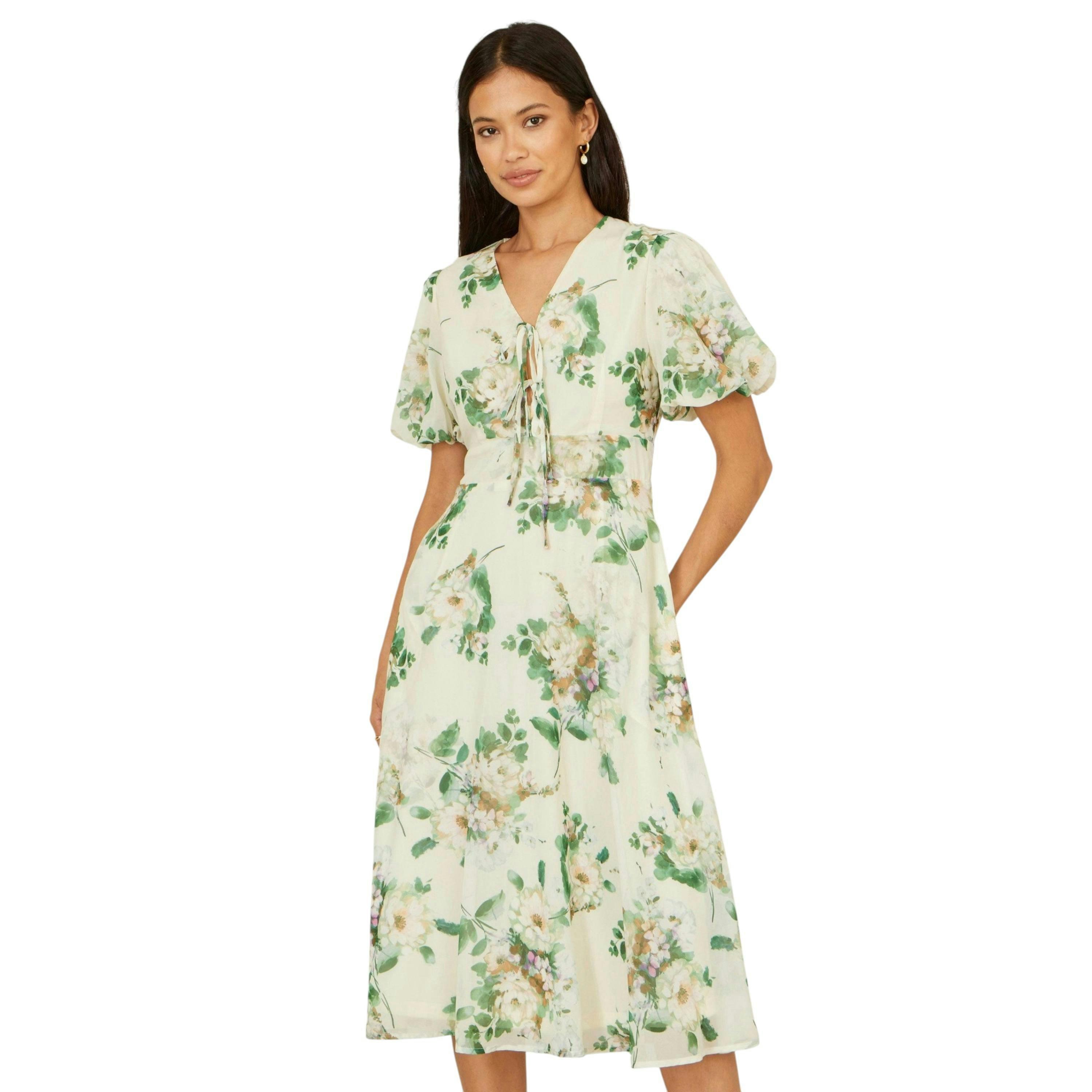 Yumi Ivory Floral Tea Dress With Front Ties , view 1 of 5