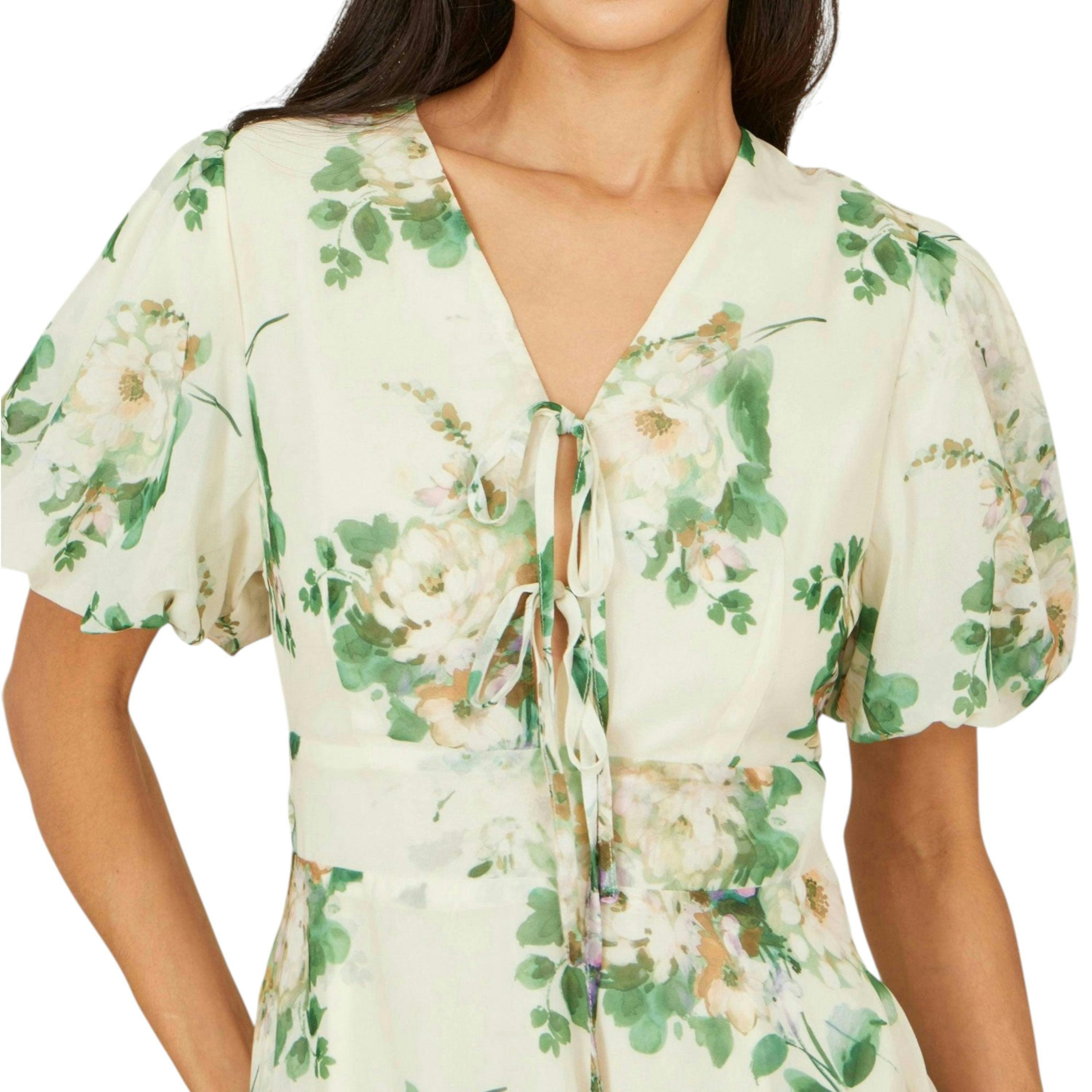 Yumi Ivory Floral Tea Dress With Front Ties , view 2 of 5