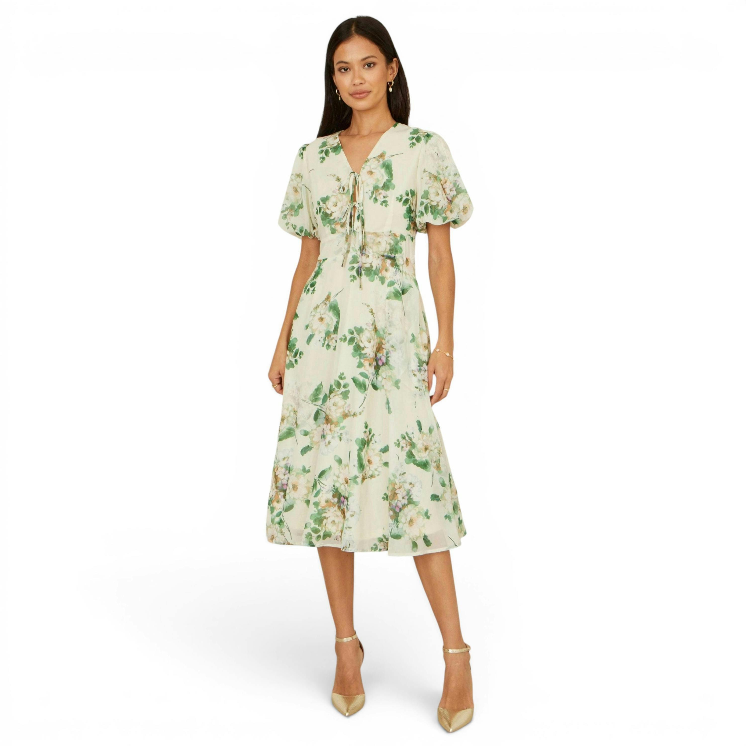 Yumi Ivory Floral Tea Dress With Front Ties , view 3 of 5