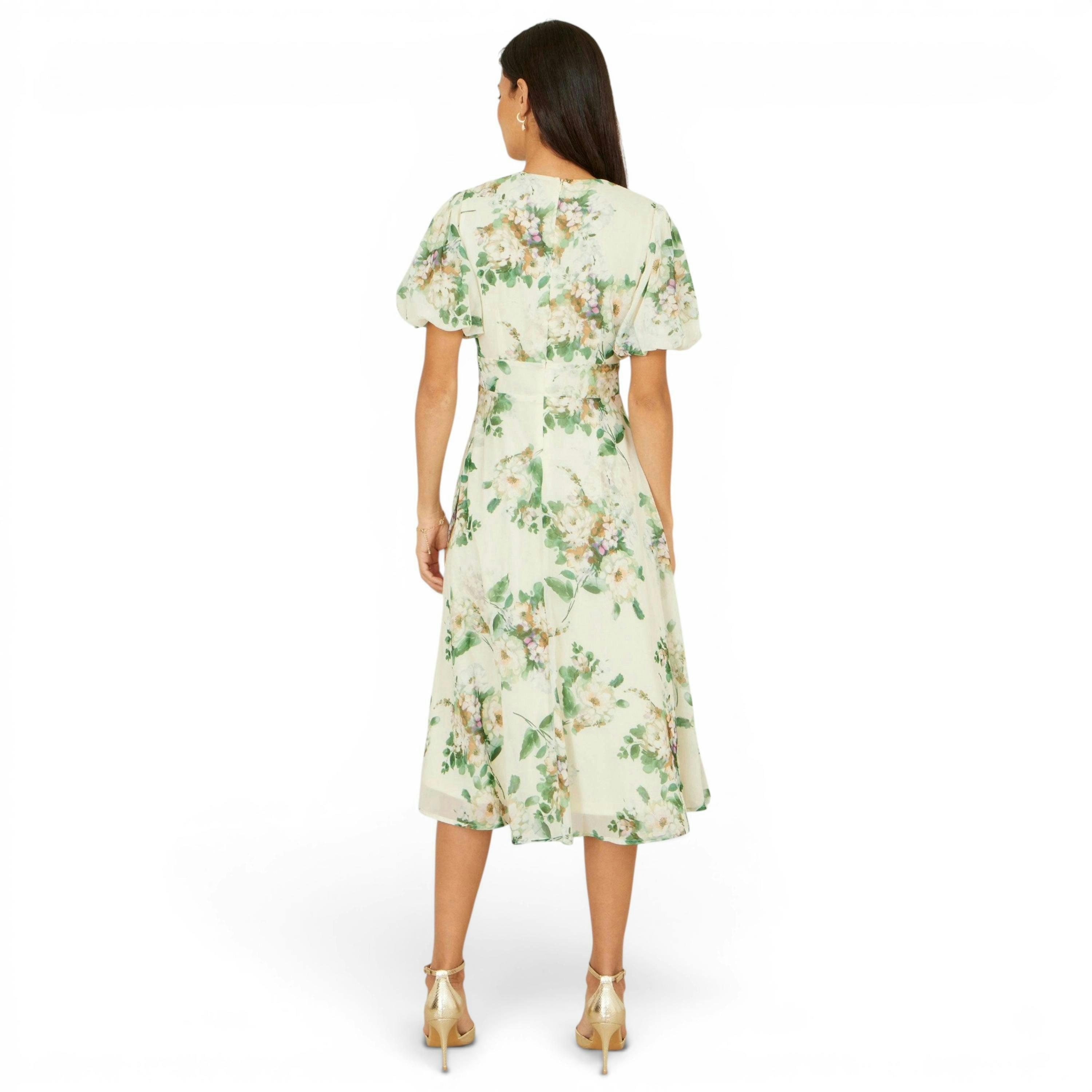 Yumi Ivory Floral Tea Dress With Front Ties , view 4 of 5