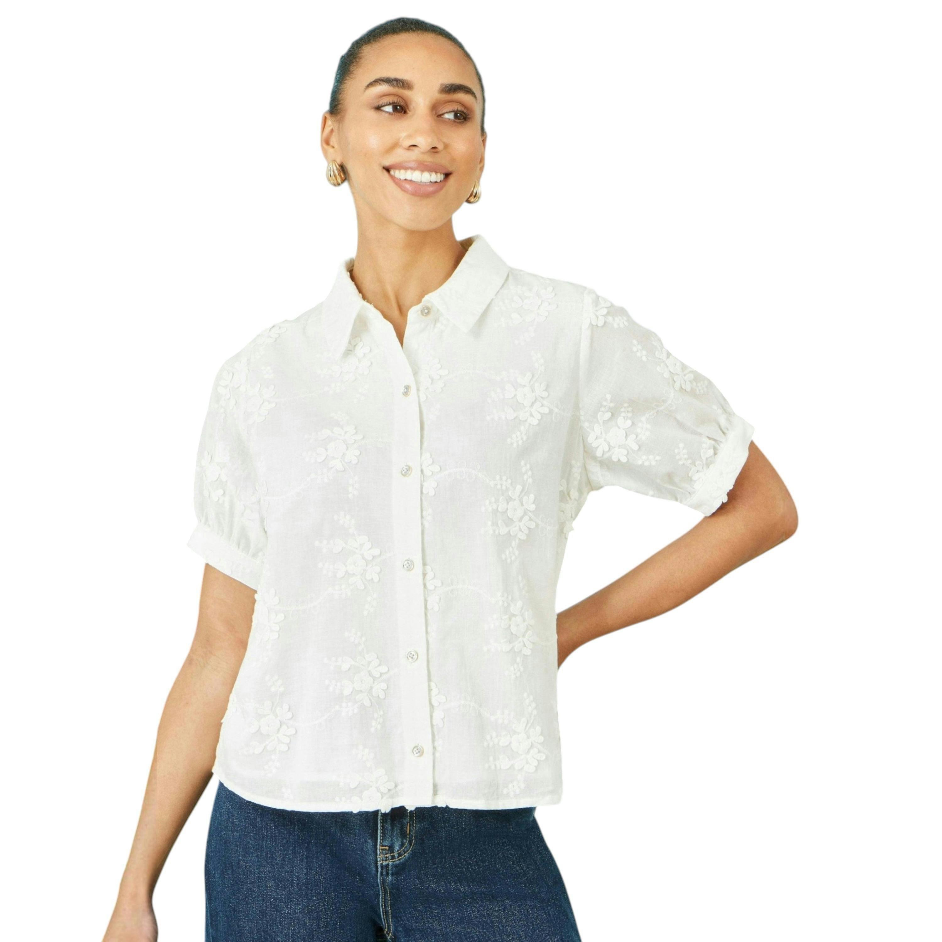 Yumi White Cotton Flower Applique Shirt , view 1 of 6