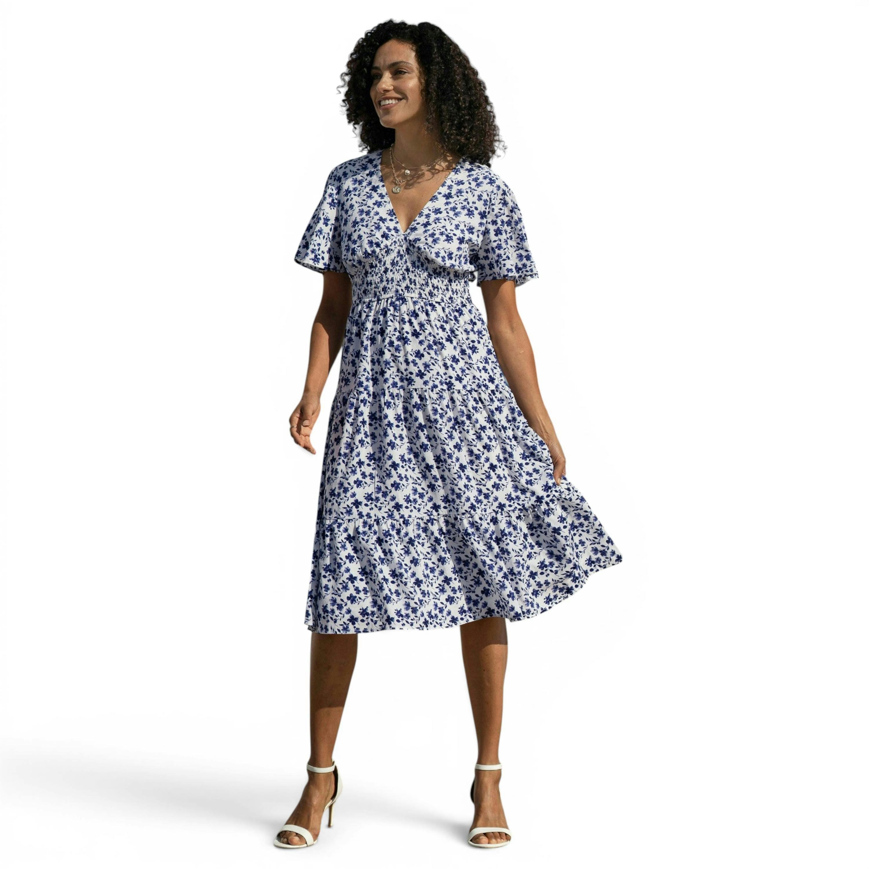 Yumi Blue Floral Ruched Waist Midi Dress With Angel Sleeves , view 1 of 6