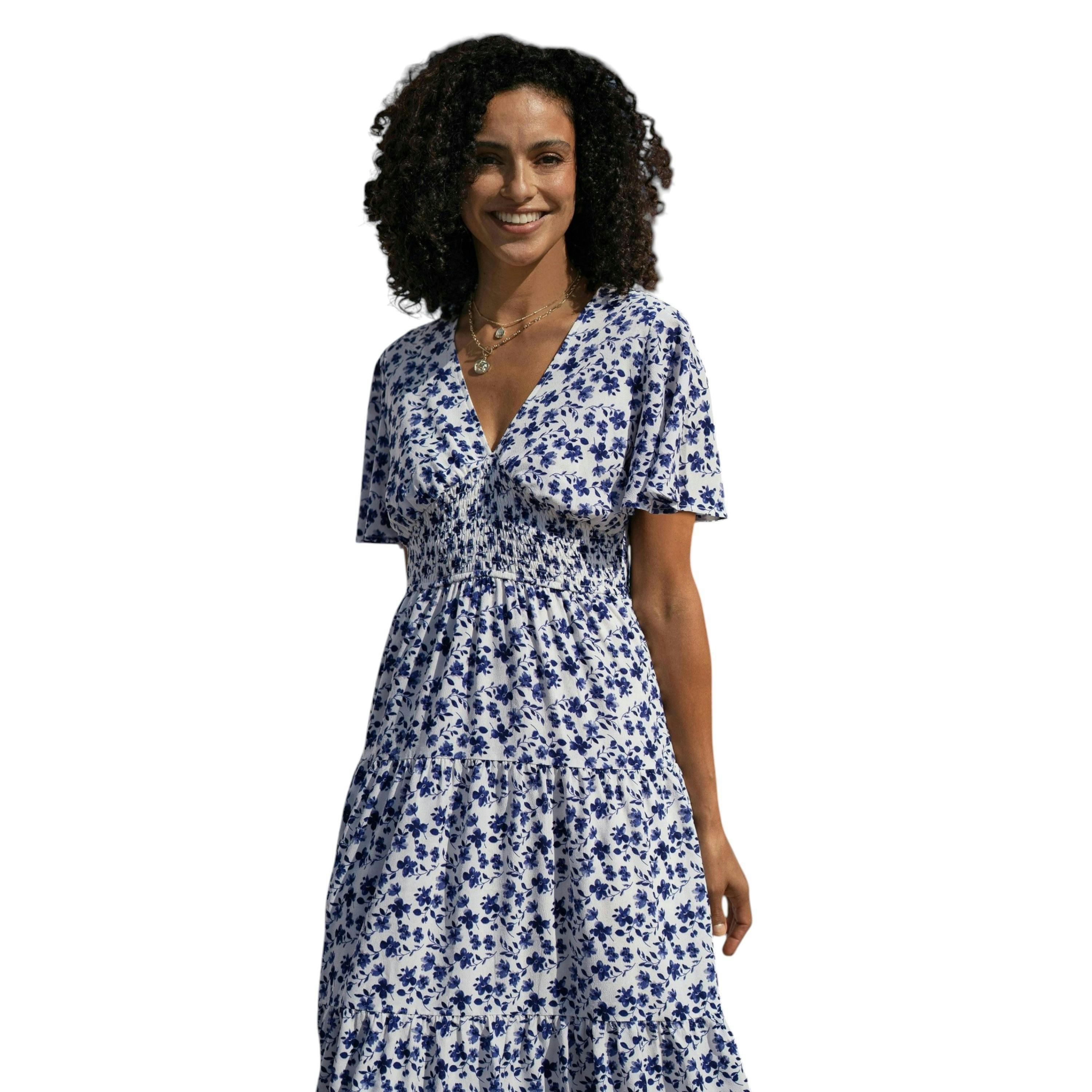Yumi Blue Floral Ruched Waist Midi Dress With Angel Sleeves , view 2 of 6