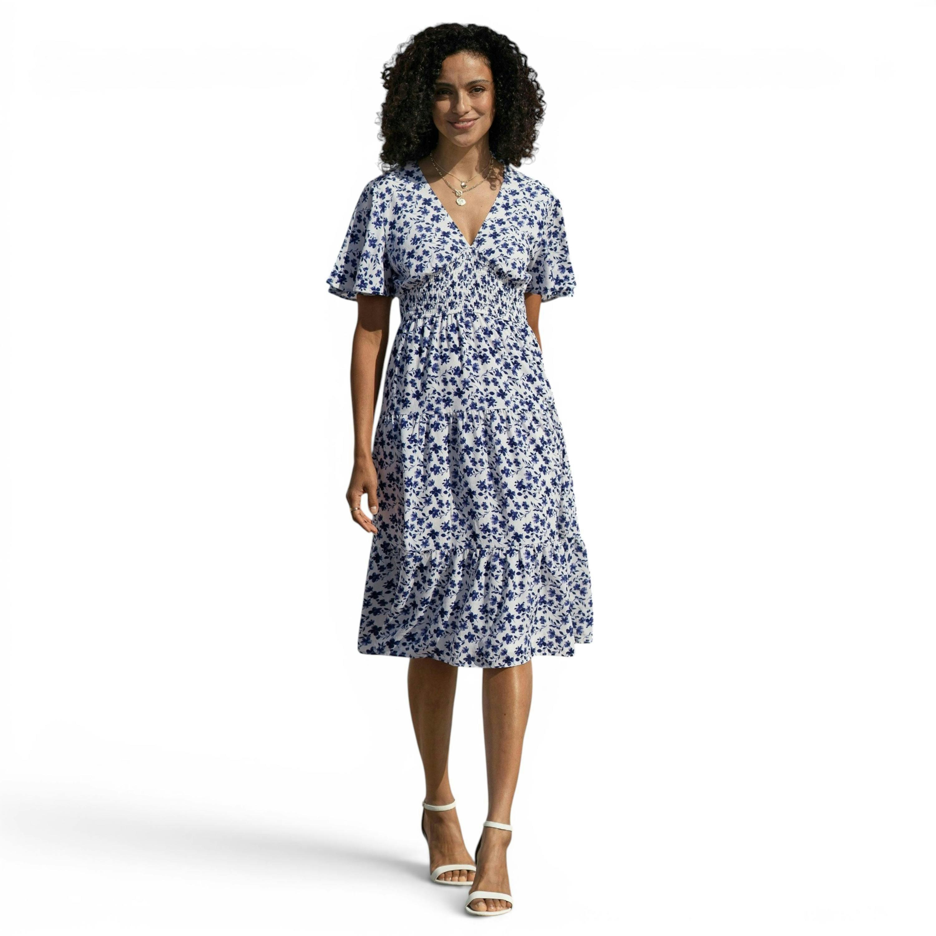 Yumi Blue Floral Ruched Waist Midi Dress With Angel Sleeves , view 3 of 6