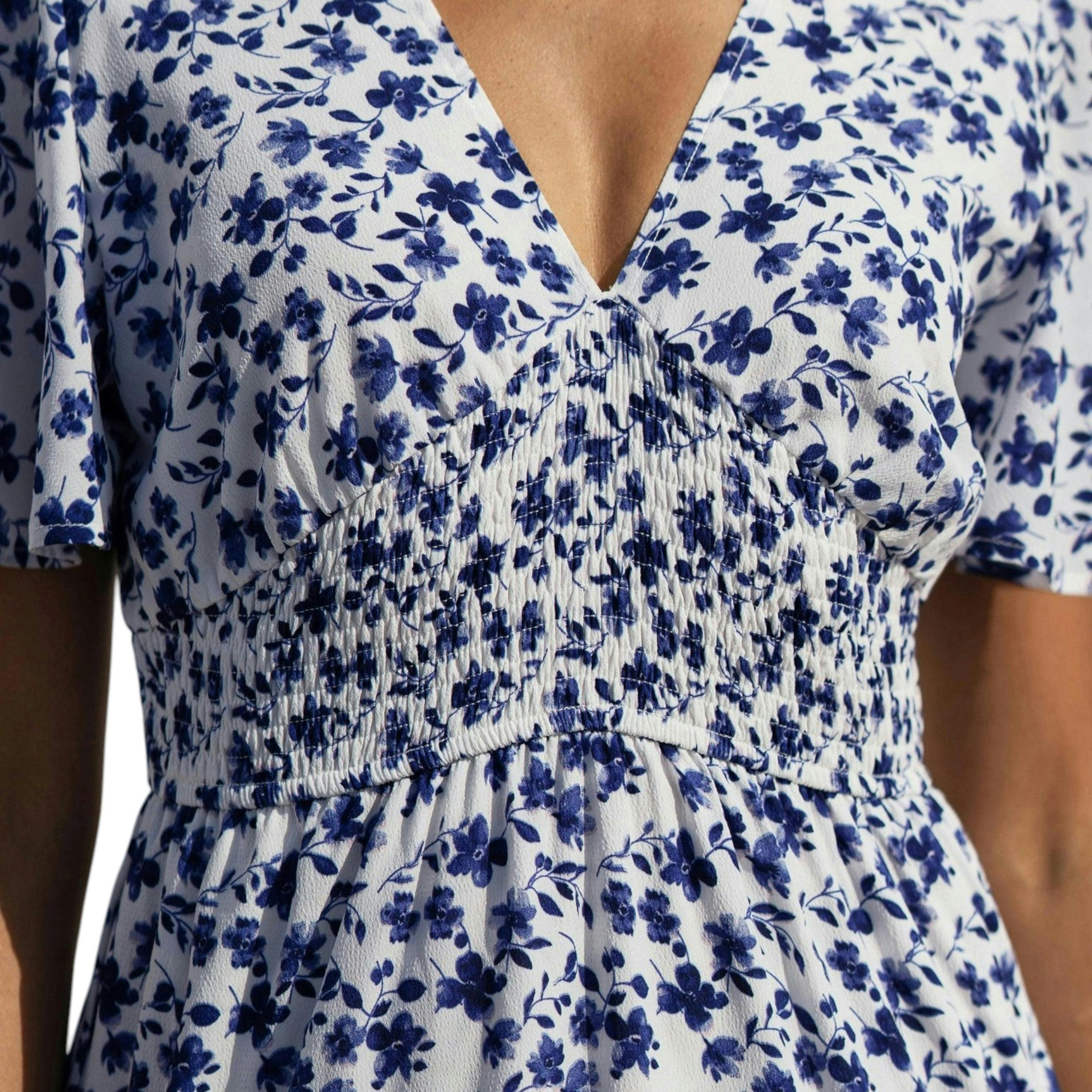 Yumi Blue Floral Ruched Waist Midi Dress With Angel Sleeves , view 4 of 6