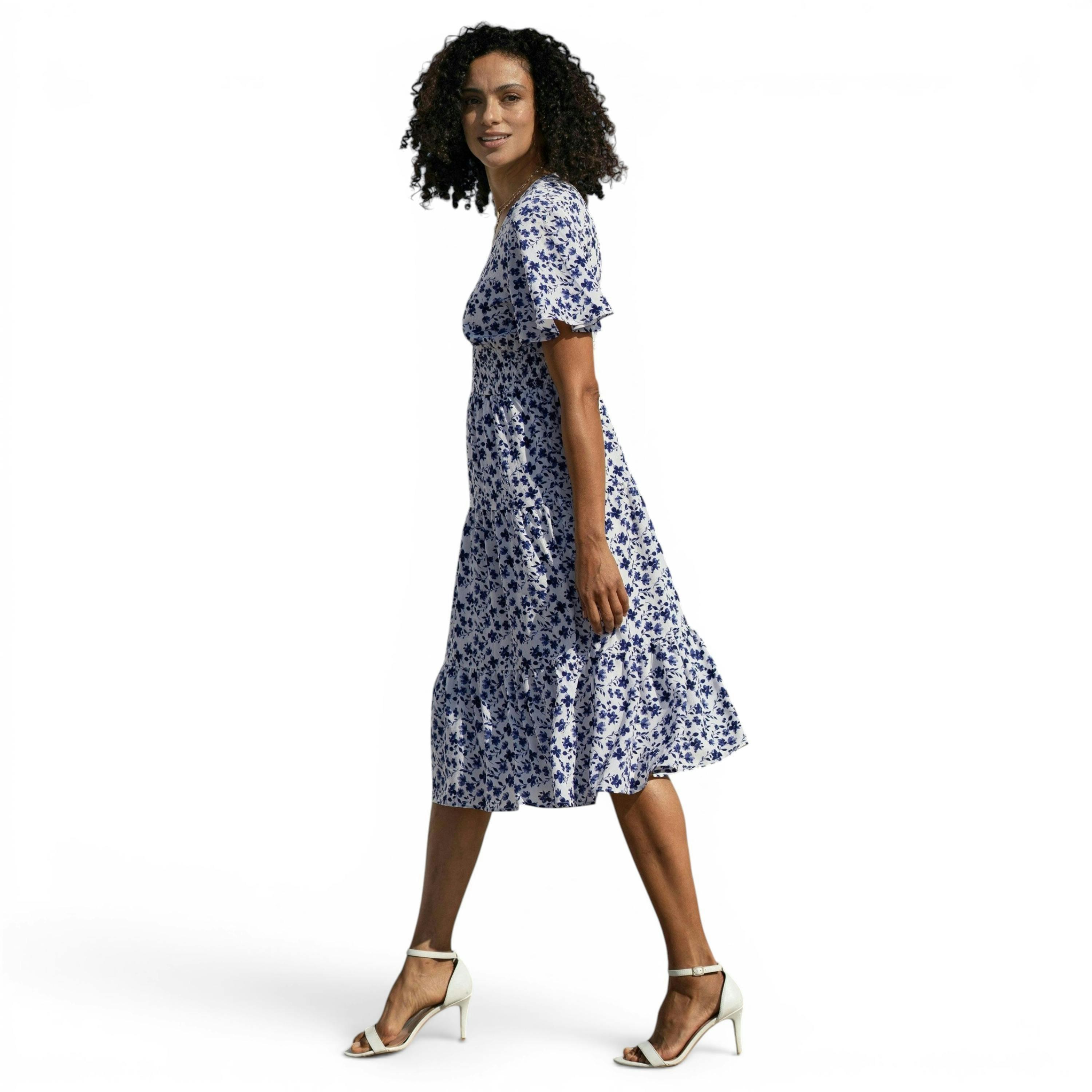 Yumi Blue Floral Ruched Waist Midi Dress With Angel Sleeves , view 5 of 6