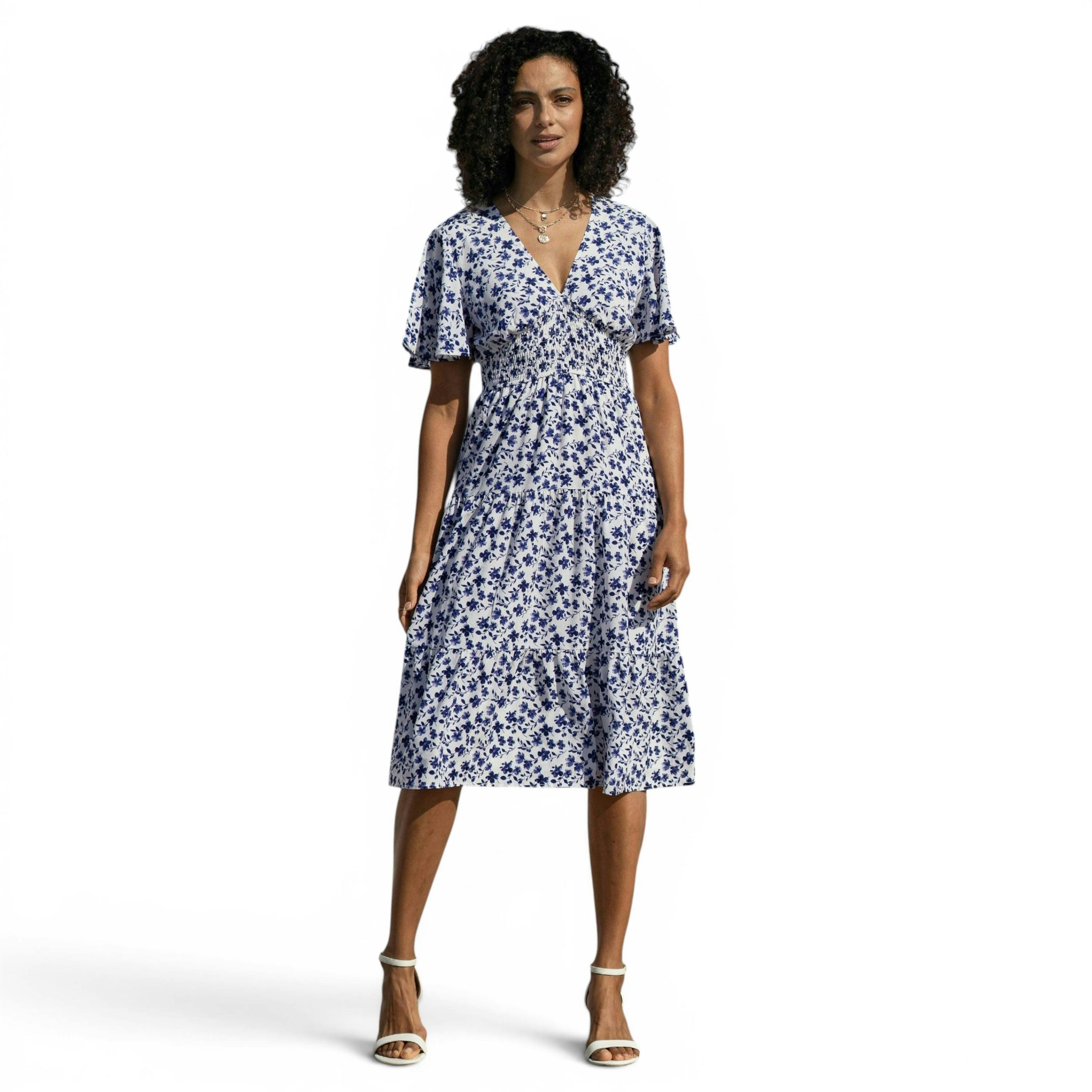 Yumi Blue Floral Ruched Waist Midi Dress With Angel Sleeves , view 6 of 6