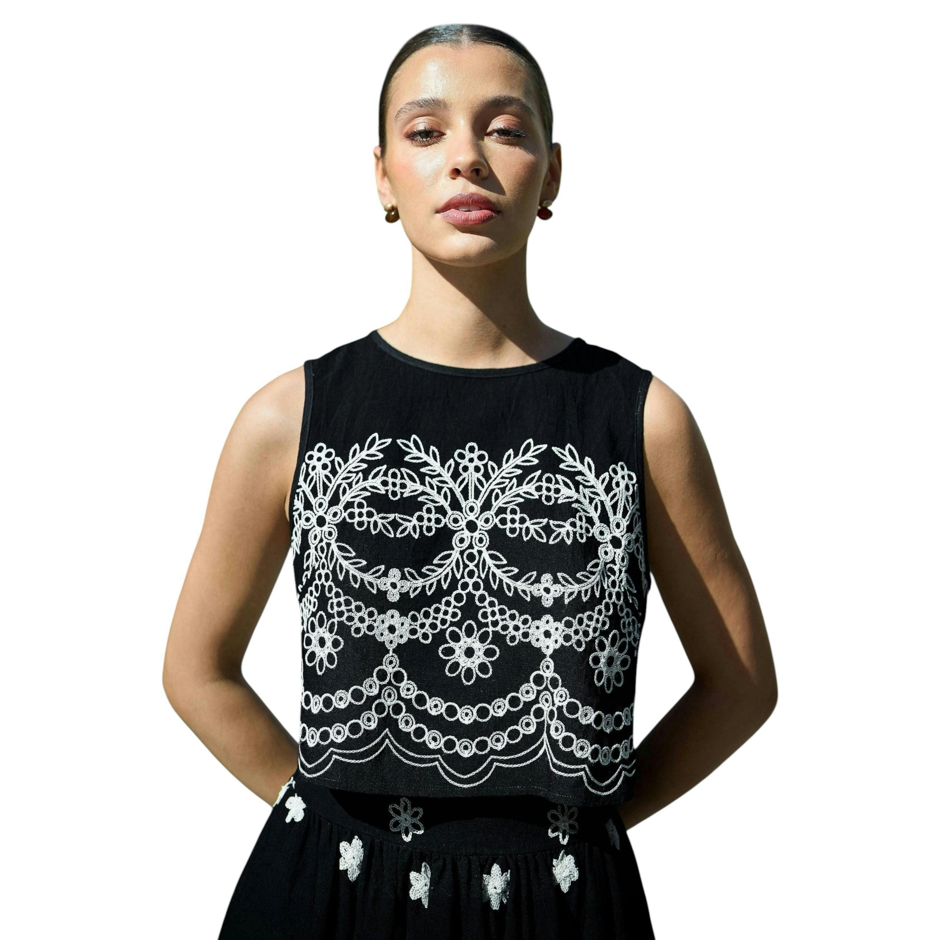 Yumi Black Embroidered Crop Top , view 1 of 6