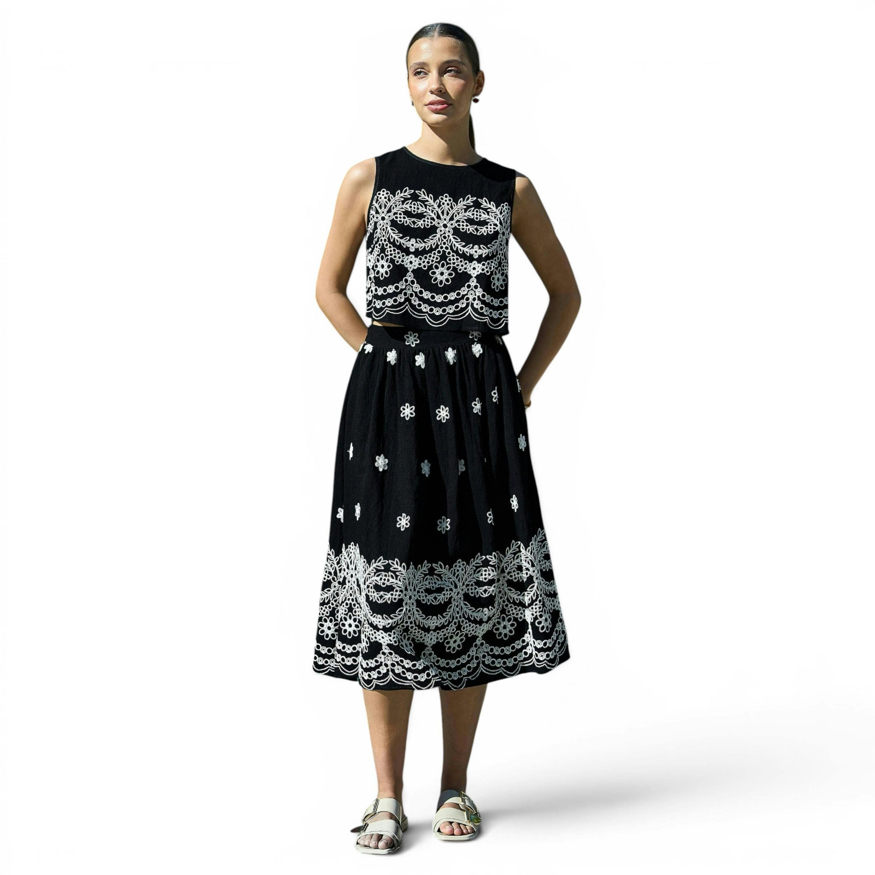 Yumi Black Embroidered Crop Top , view 2 of 6
