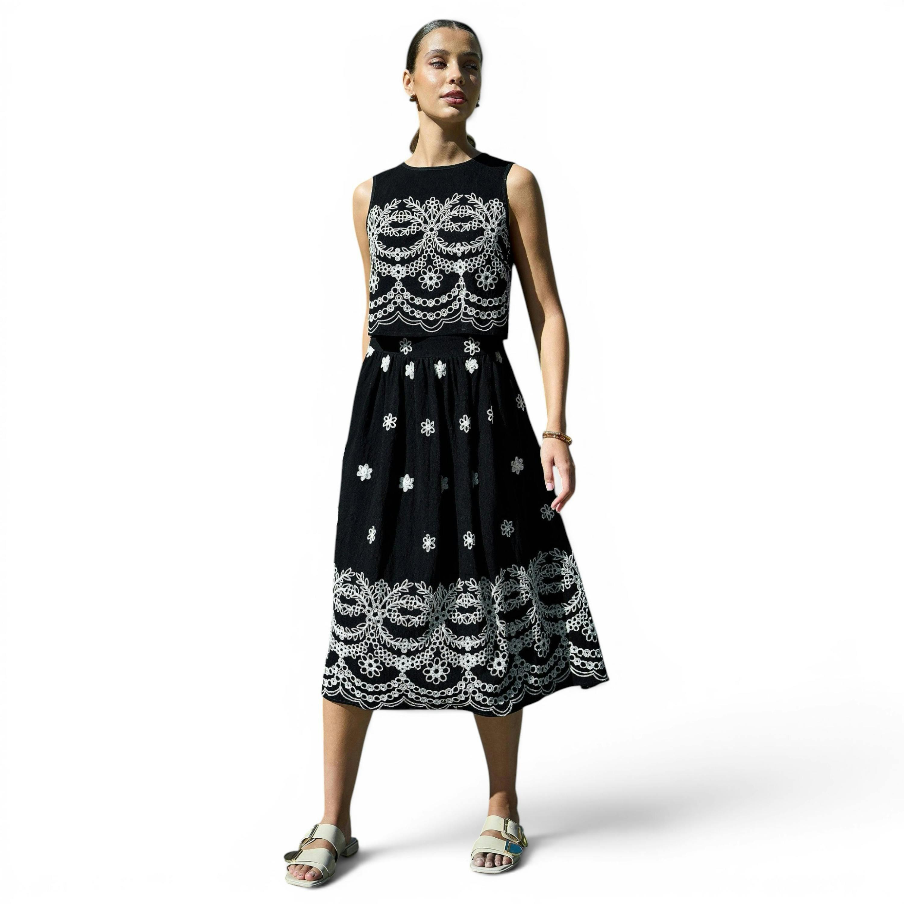 Yumi Black Embroidered Midi Skirt , view 1 of 6