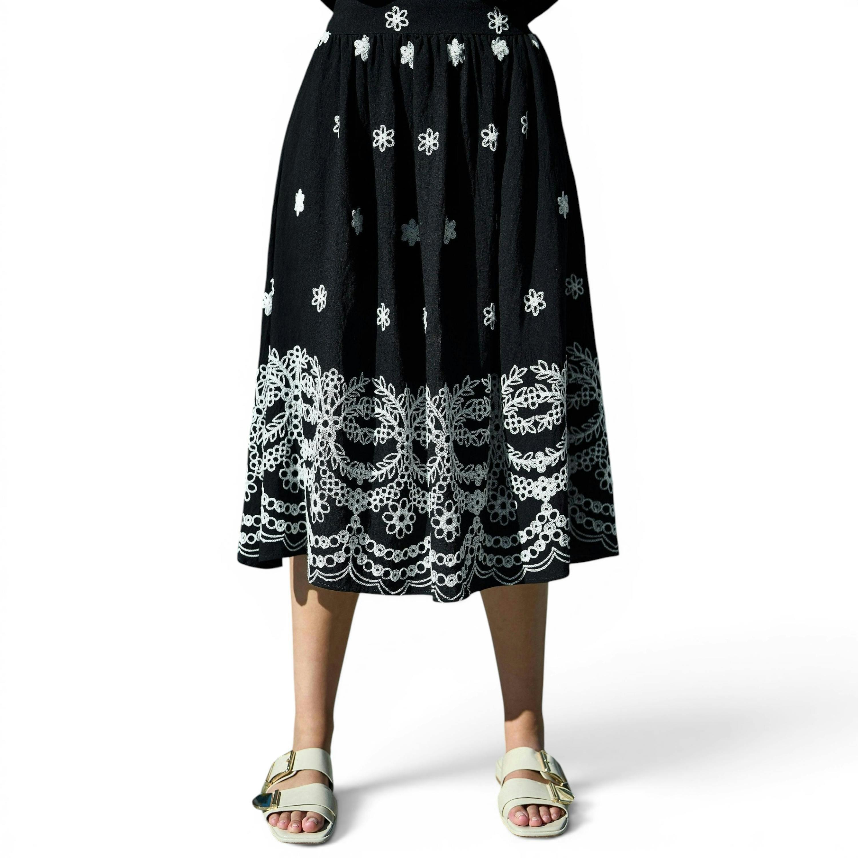Yumi Black Embroidered Midi Skirt , view 2 of 6