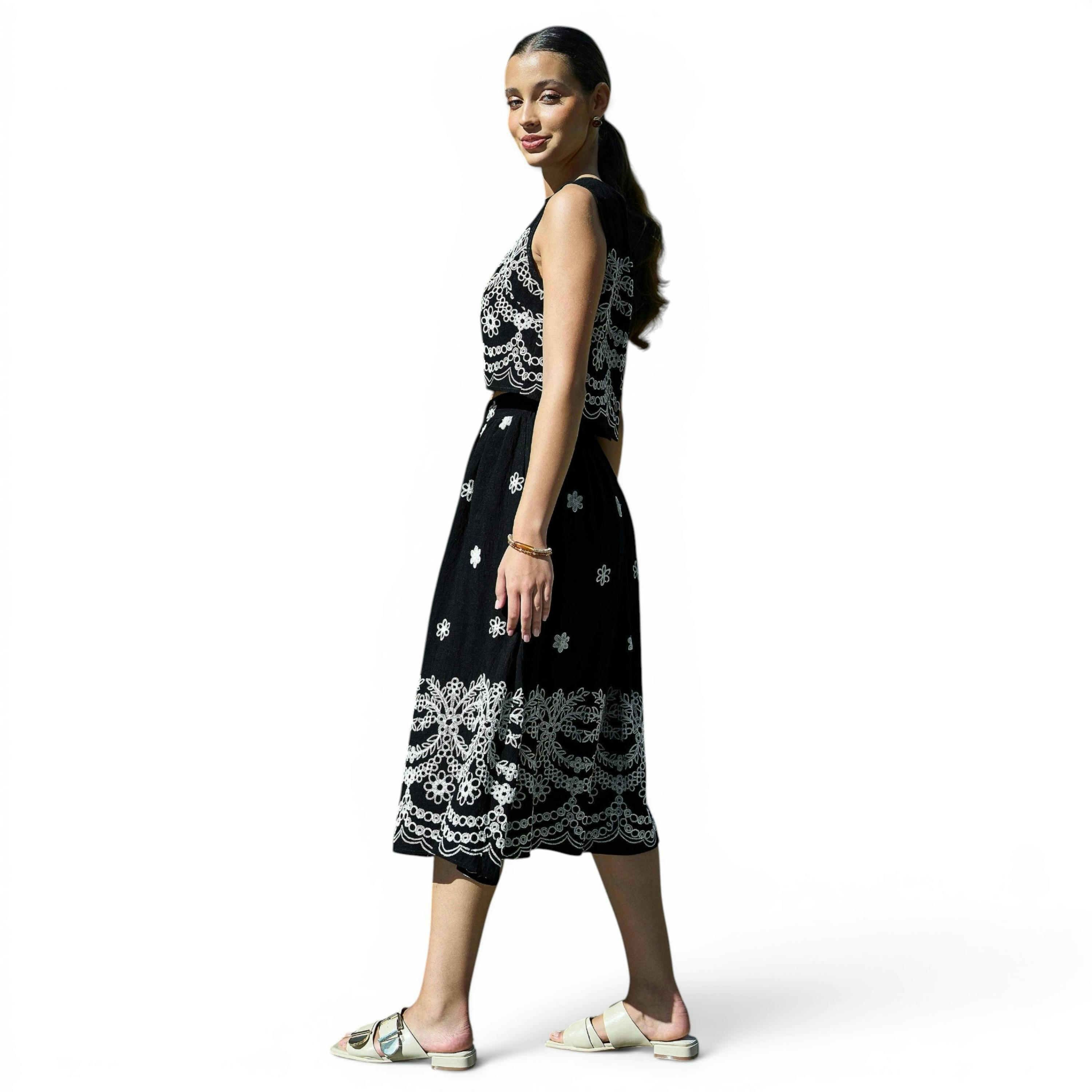 Yumi Black Embroidered Midi Skirt , view 5 of 6