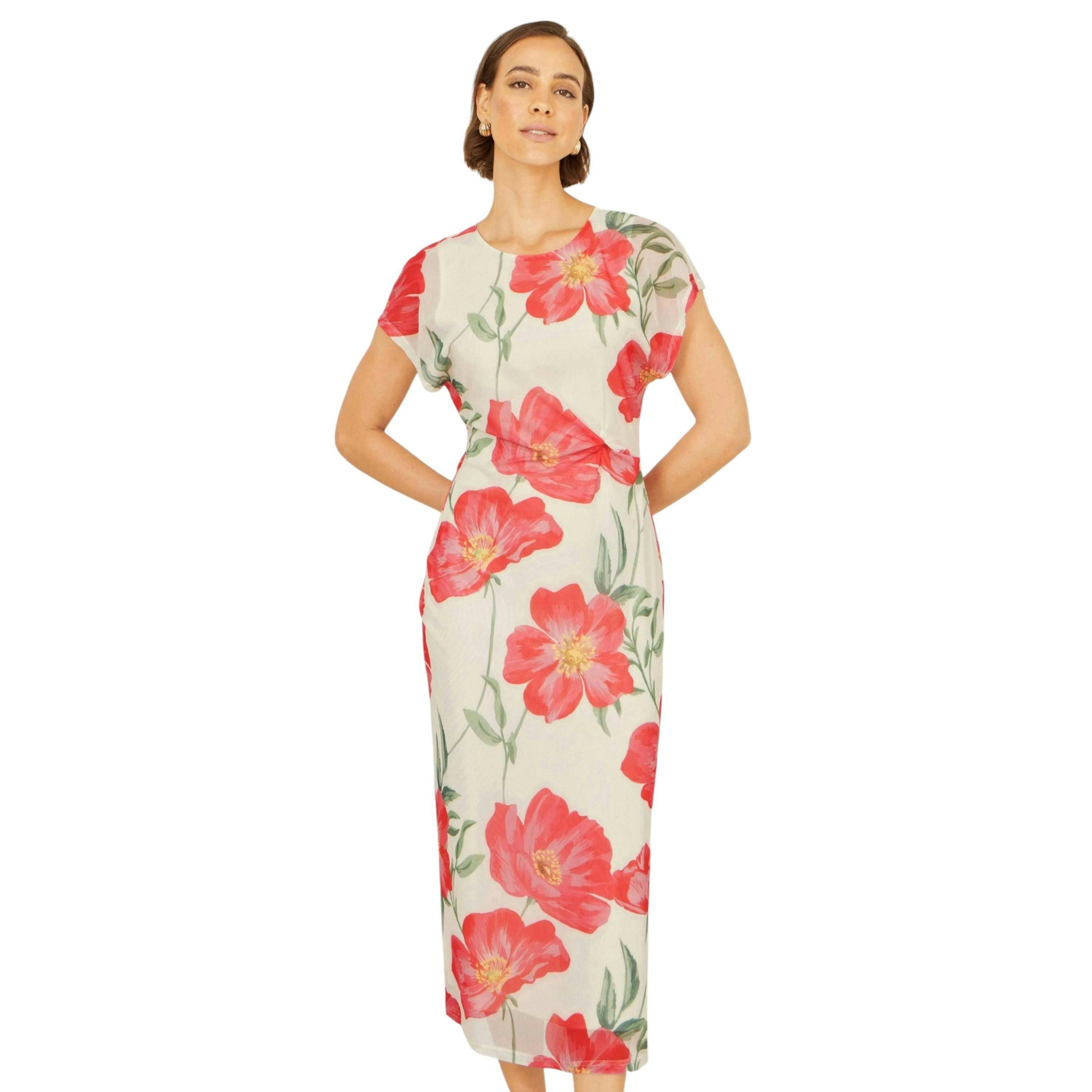 Yumi Ivory Poppy Print Midi Mesh Dress , view 1 of 6