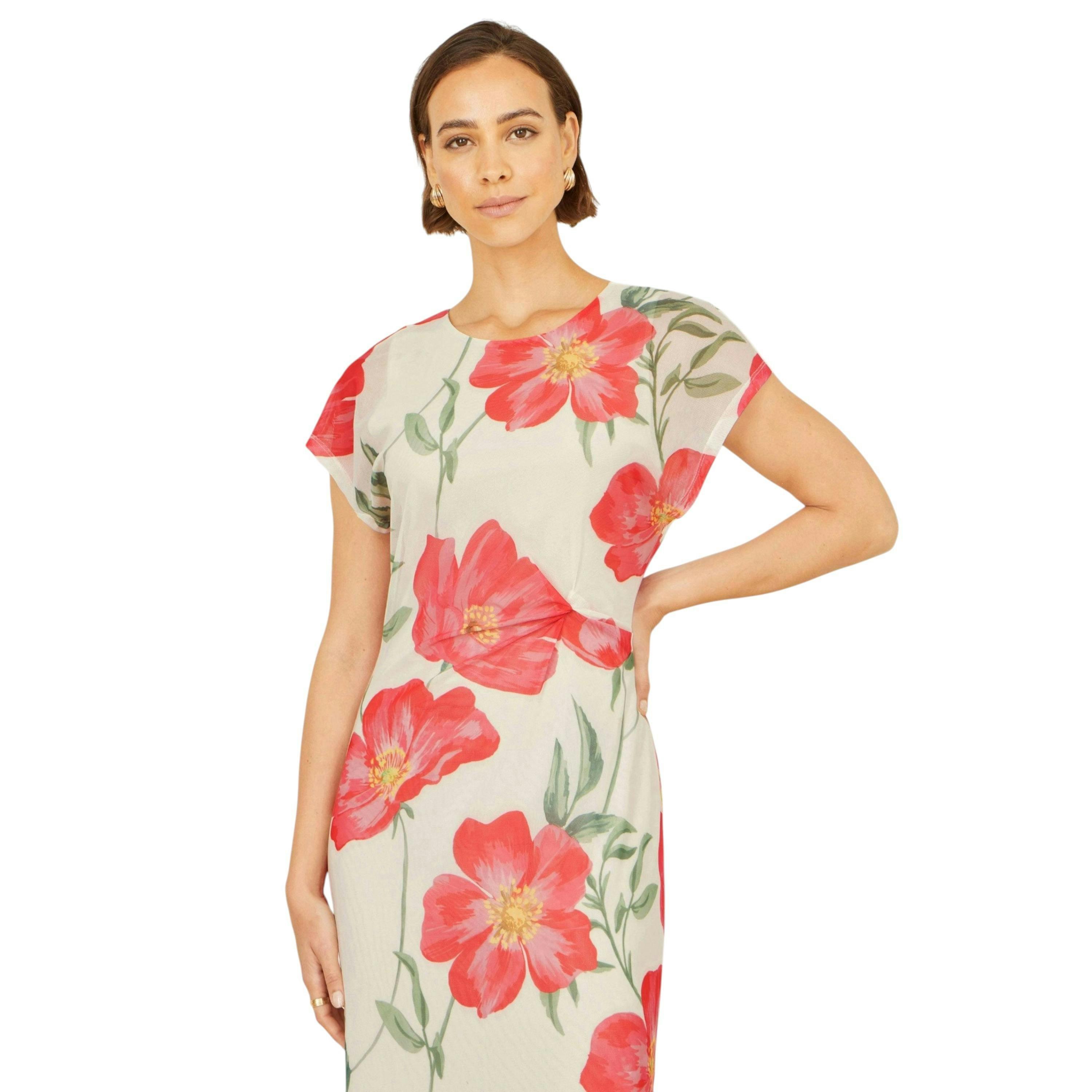 Yumi Ivory Poppy Print Midi Mesh Dress , view 2 of 6