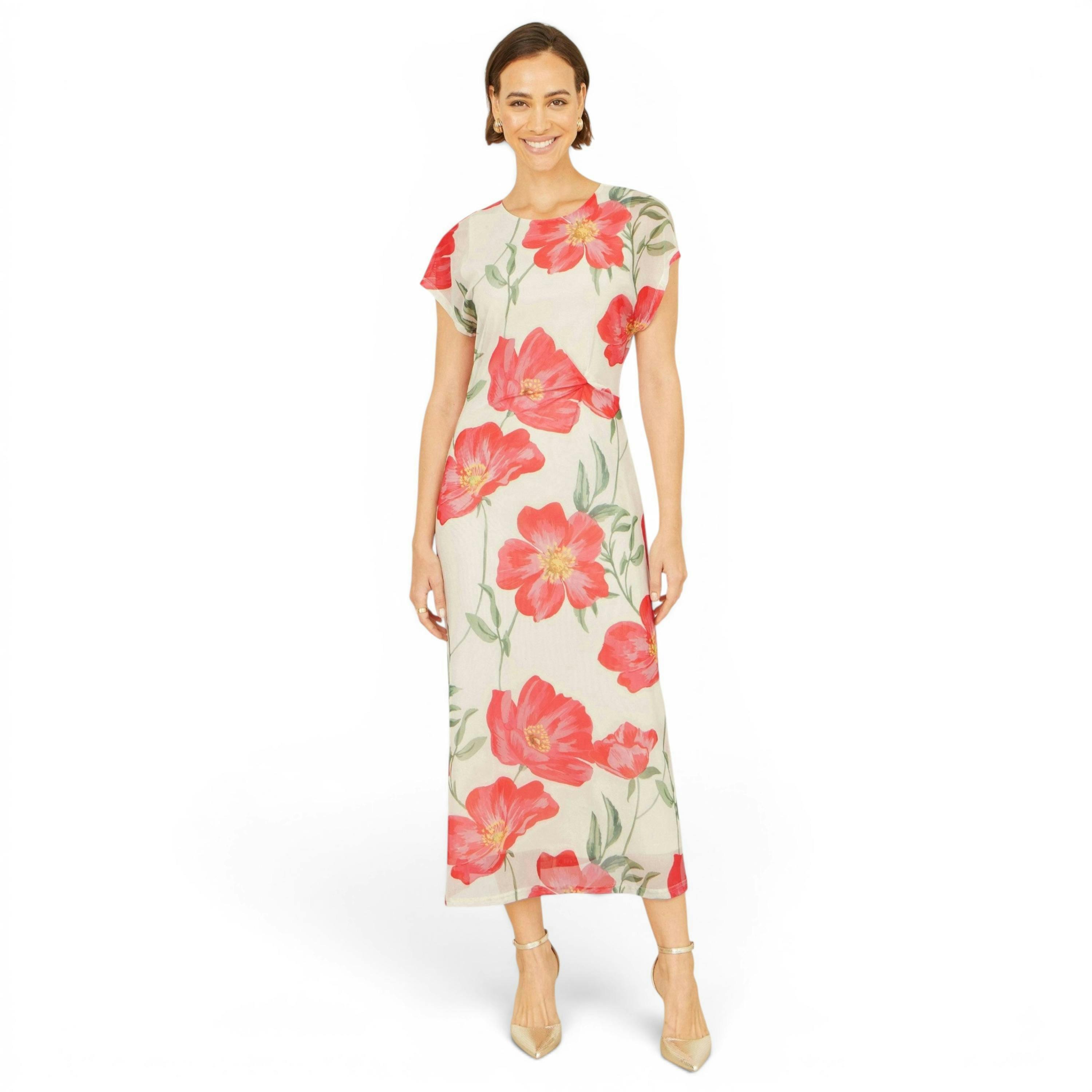 Yumi Ivory Poppy Print Midi Mesh Dress , view 3 of 6