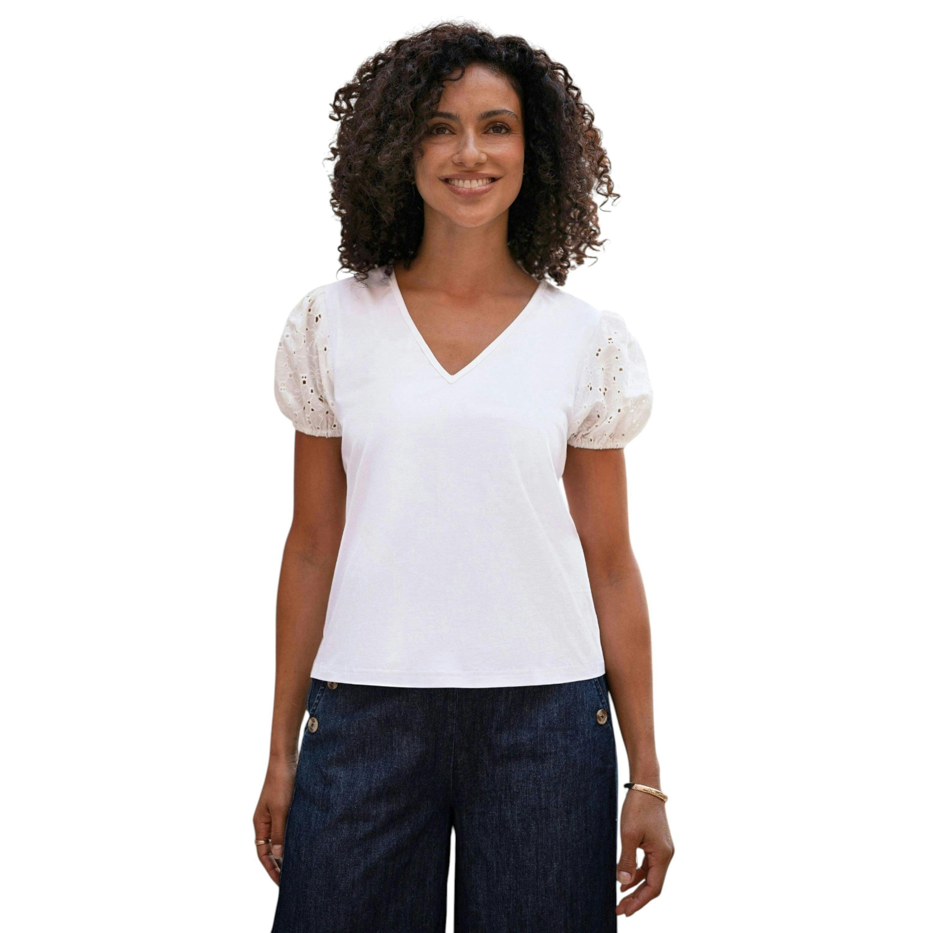 Yumi White Cotton Jersey T-Shirt With Lace Sleeves , view 1 of 6