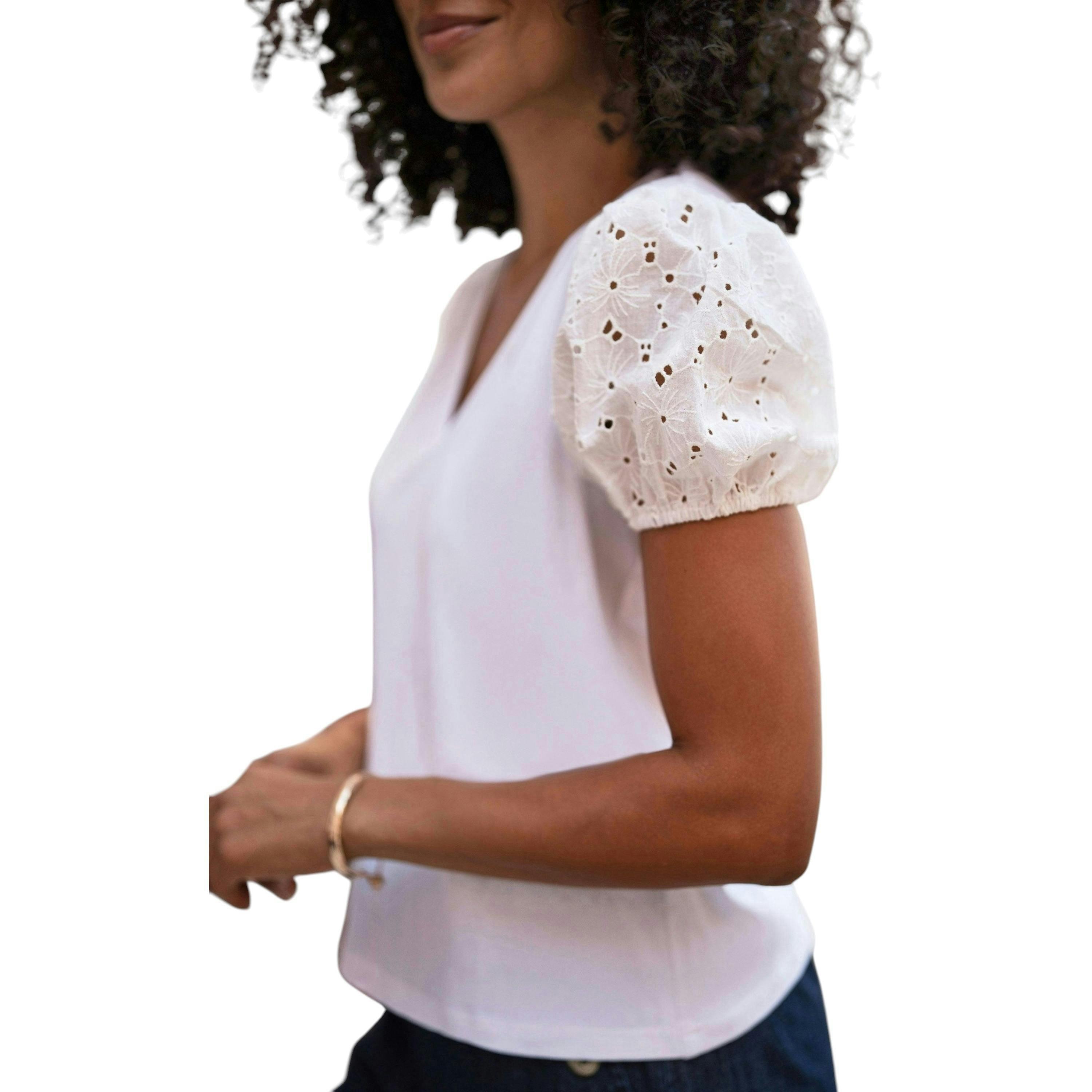 Yumi White Cotton Jersey T-Shirt With Lace Sleeves , view 2 of 6