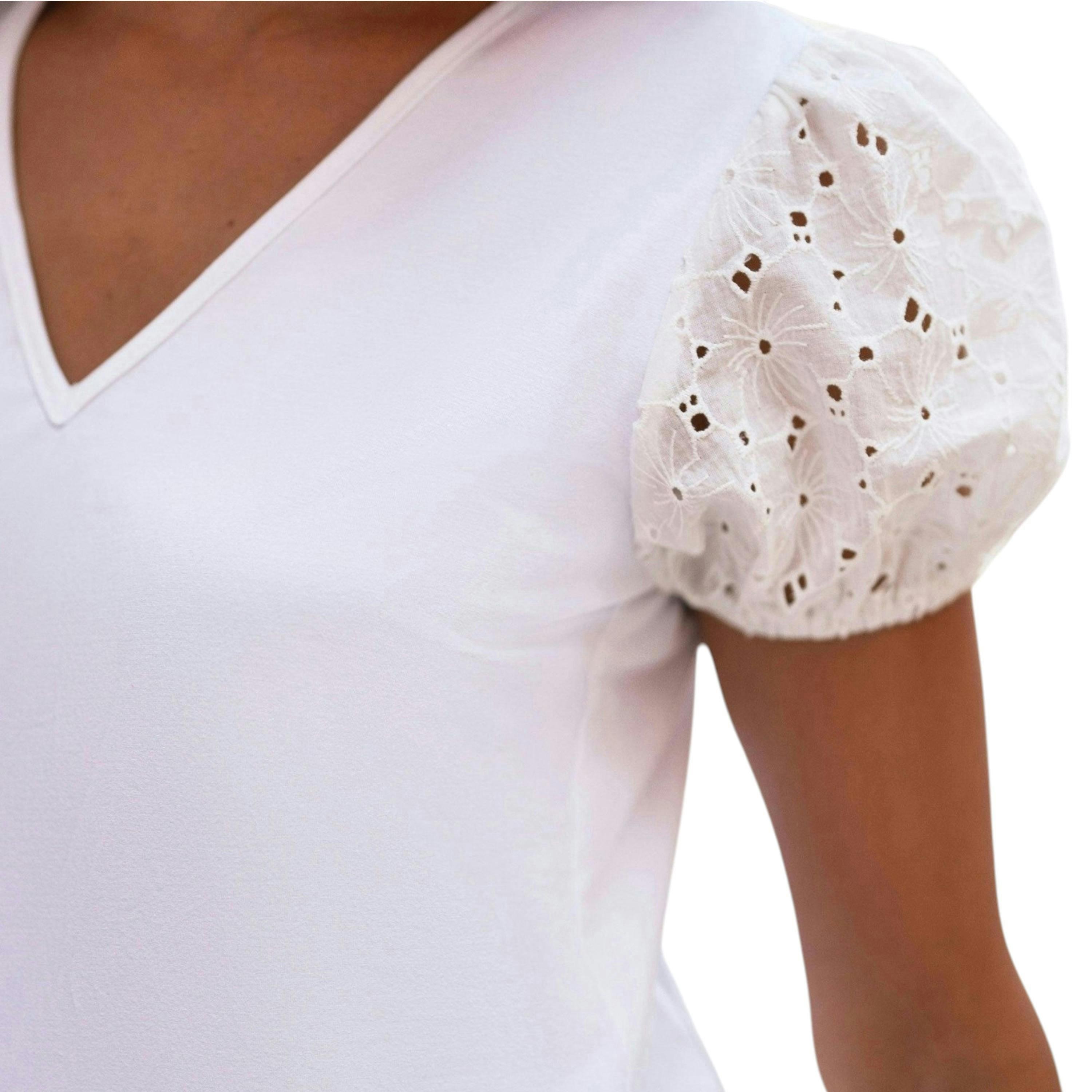 Yumi White Cotton Jersey T-Shirt With Lace Sleeves , view 6 of 6