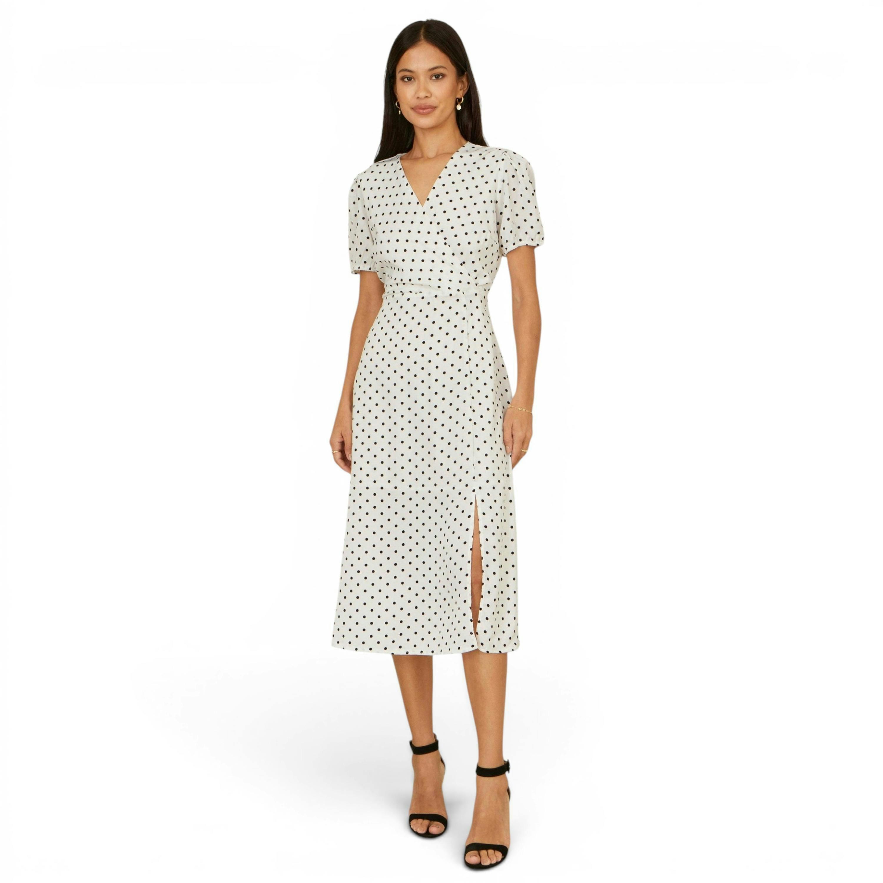 Yumi White Spot Print Wrap Tea Dress , view 1 of 6