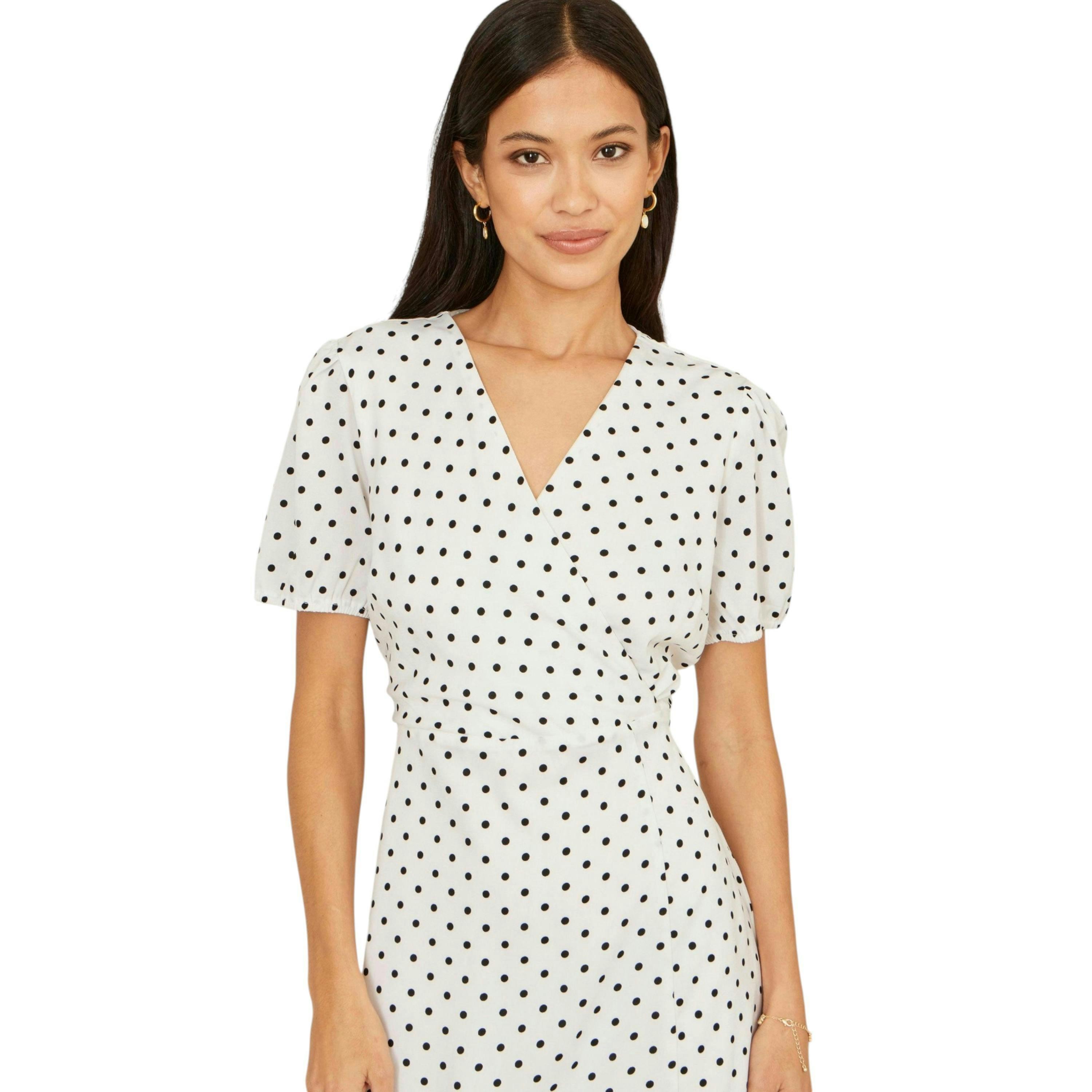 Yumi White Spot Print Wrap Tea Dress , view 2 of 6