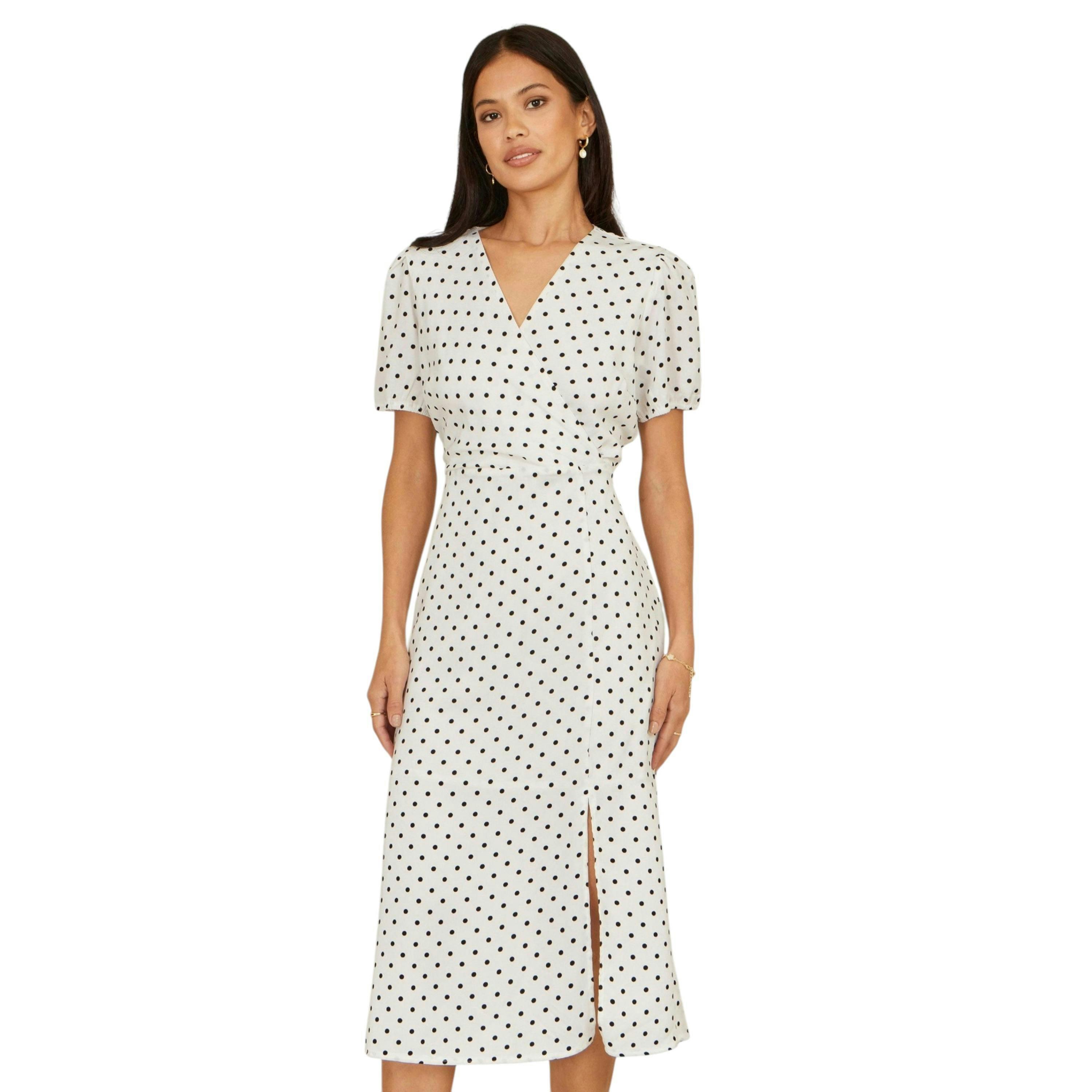 Yumi White Spot Print Wrap Tea Dress , view 3 of 6