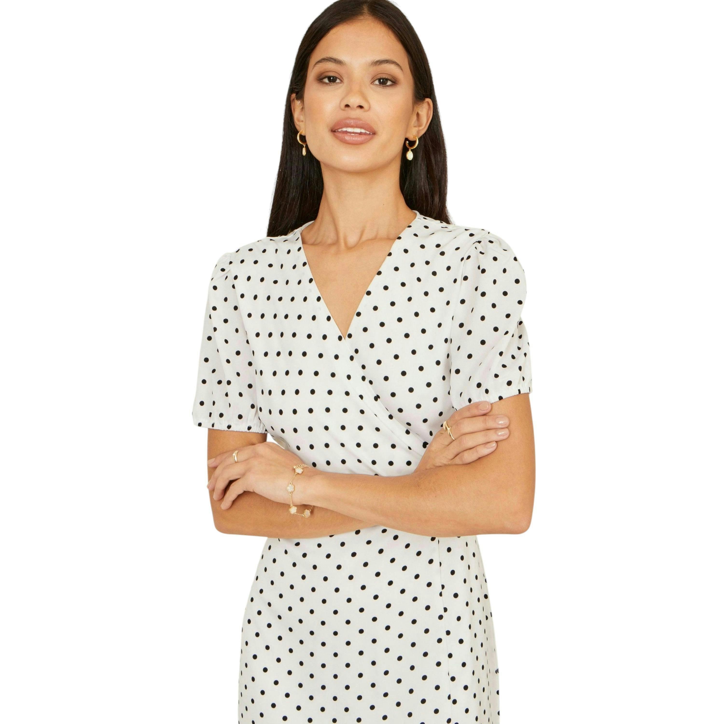 Yumi White Spot Print Wrap Tea Dress , view 5 of 6