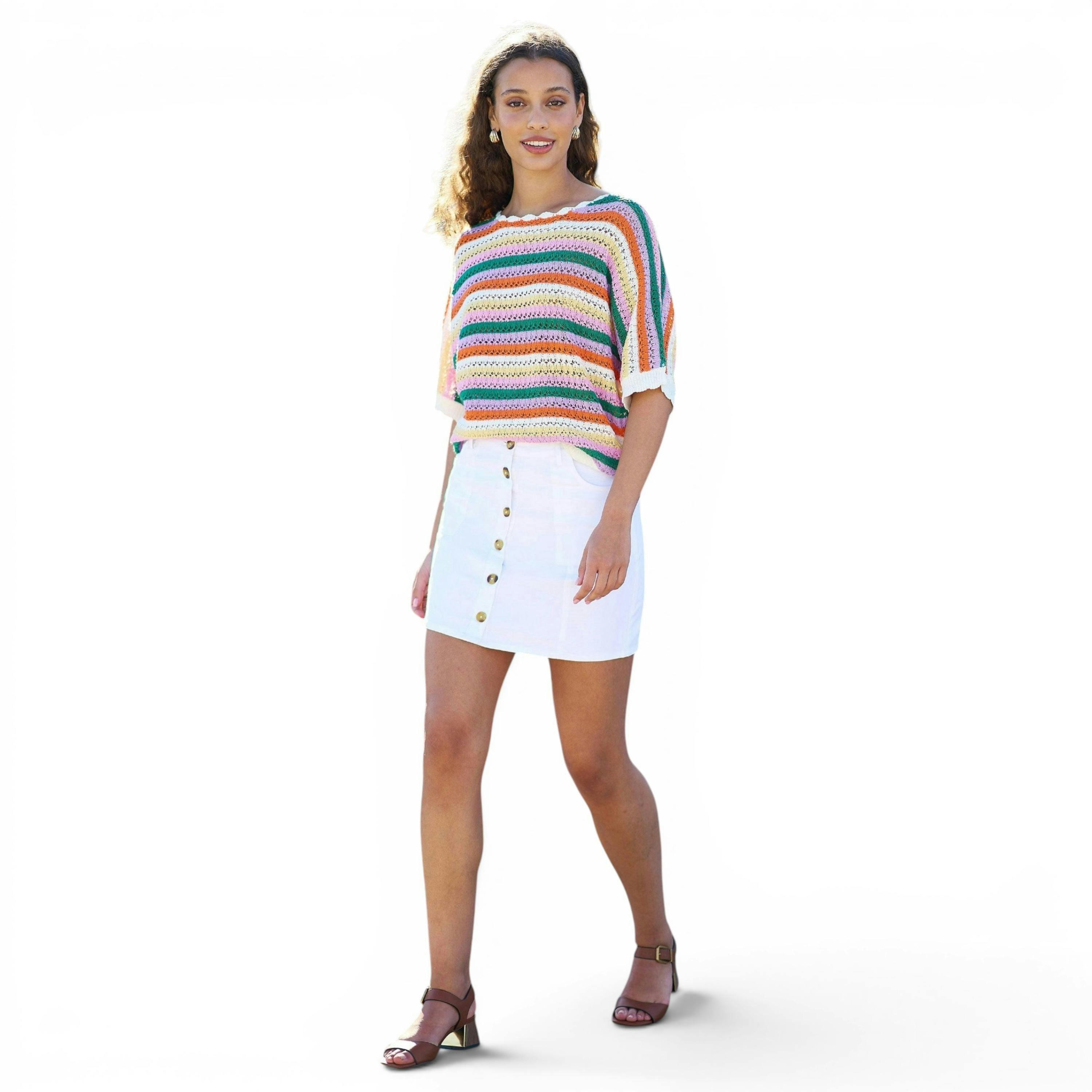 Yumi White Cotton Stretch Mini Skirt With Button Details , view 1 of 6