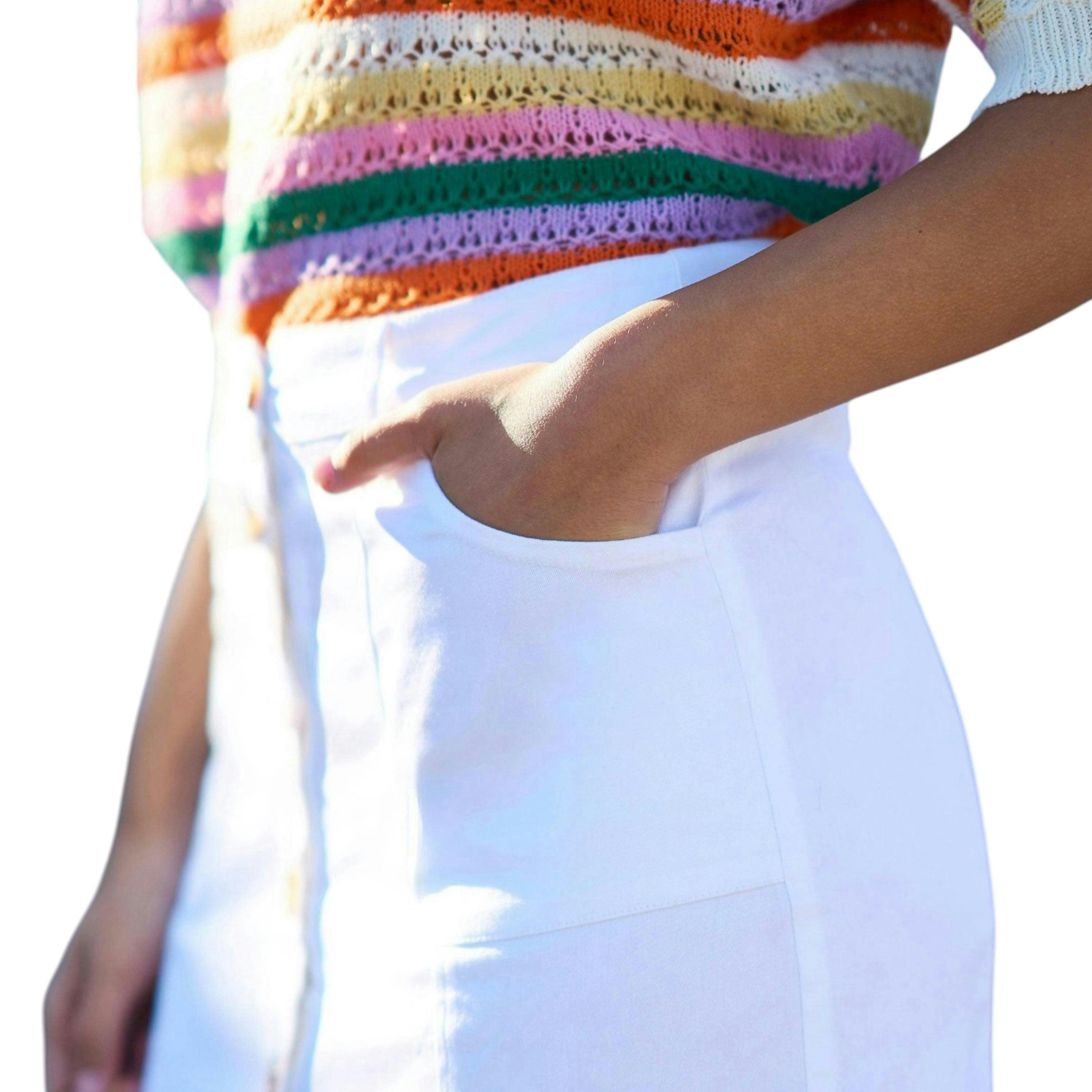 Yumi White Cotton Stretch Mini Skirt With Button Details , view 4 of 6