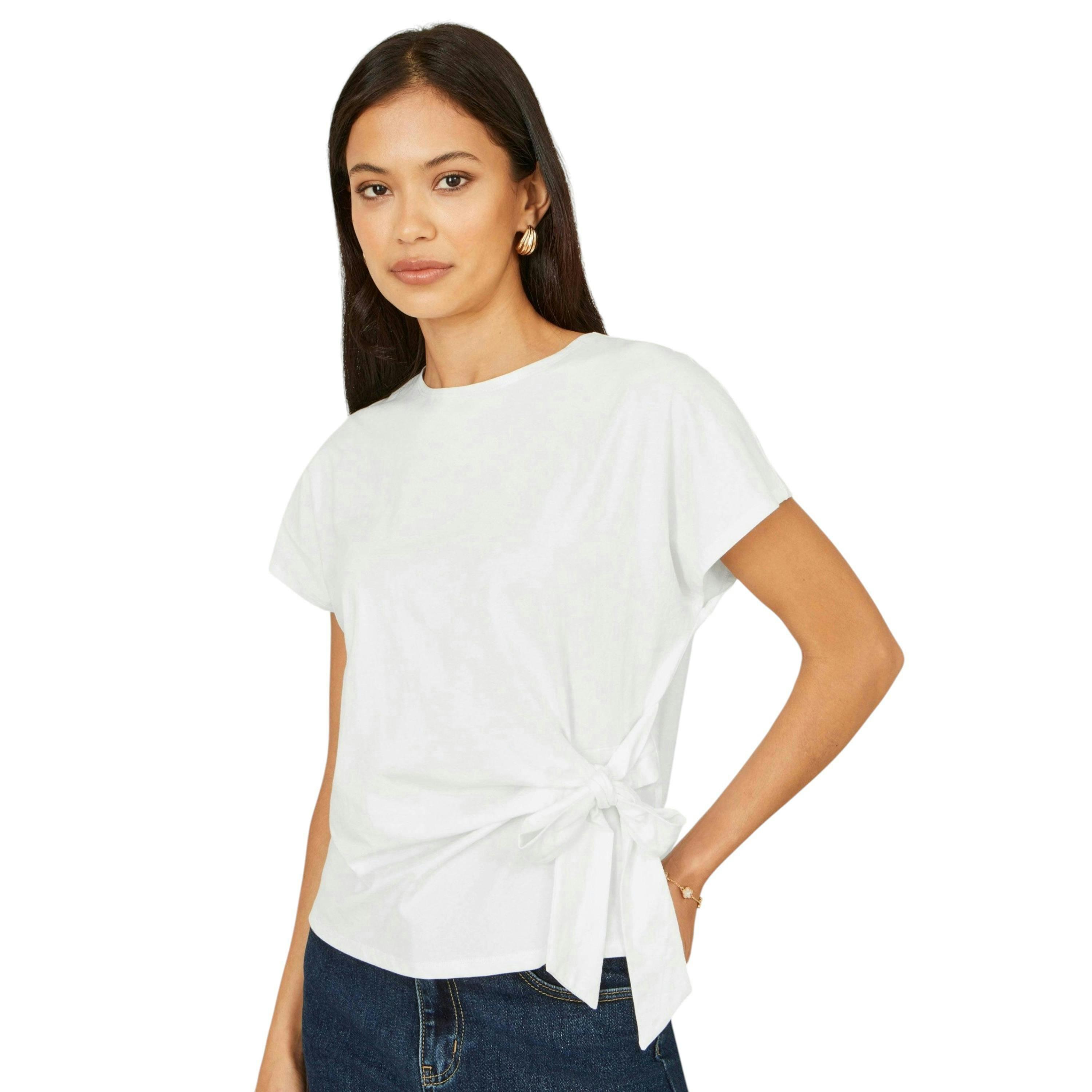 Yumi White Cotton Jersey Top With Knot Detail , view 1 of 5