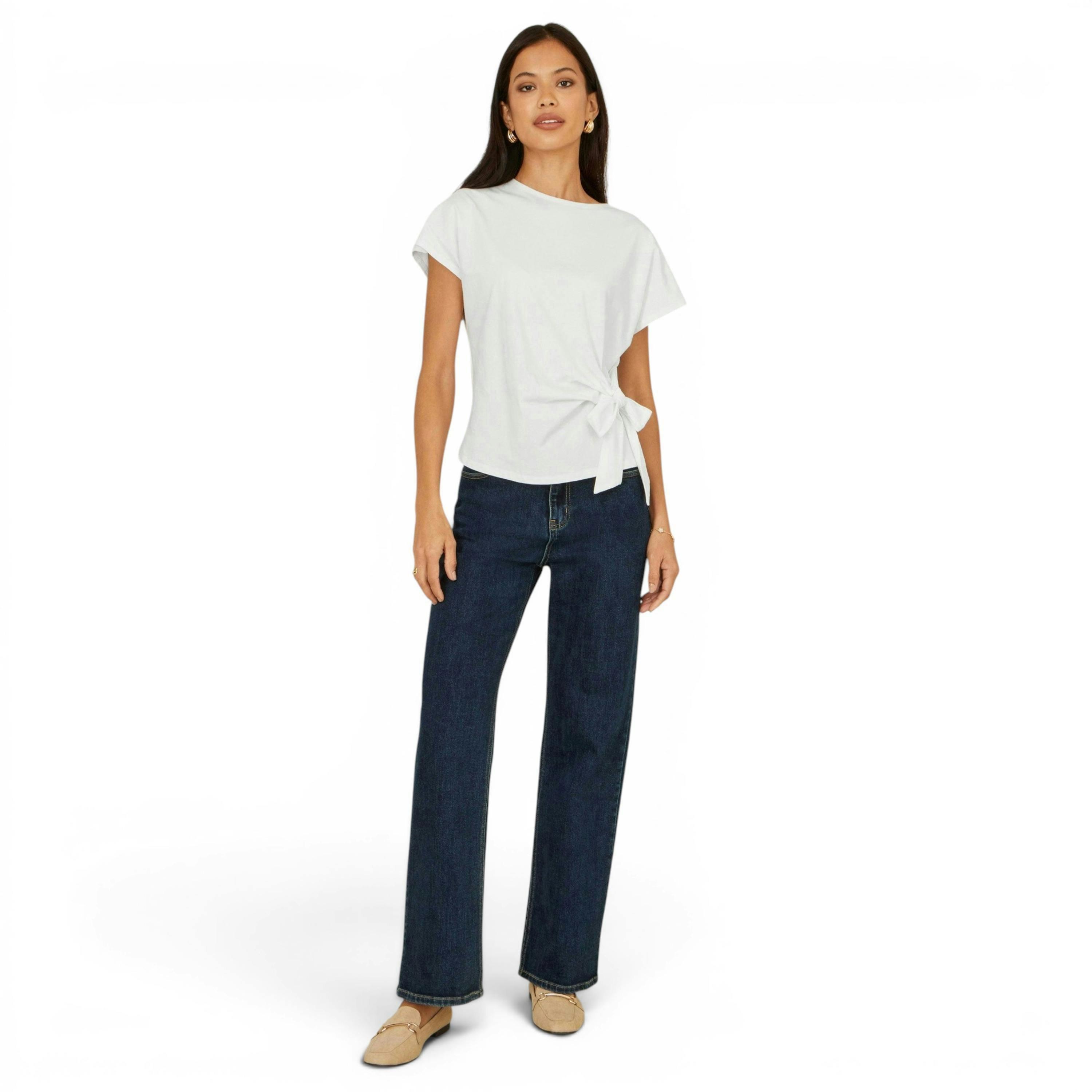 Yumi White Cotton Jersey Top With Knot Detail , view 2 of 5