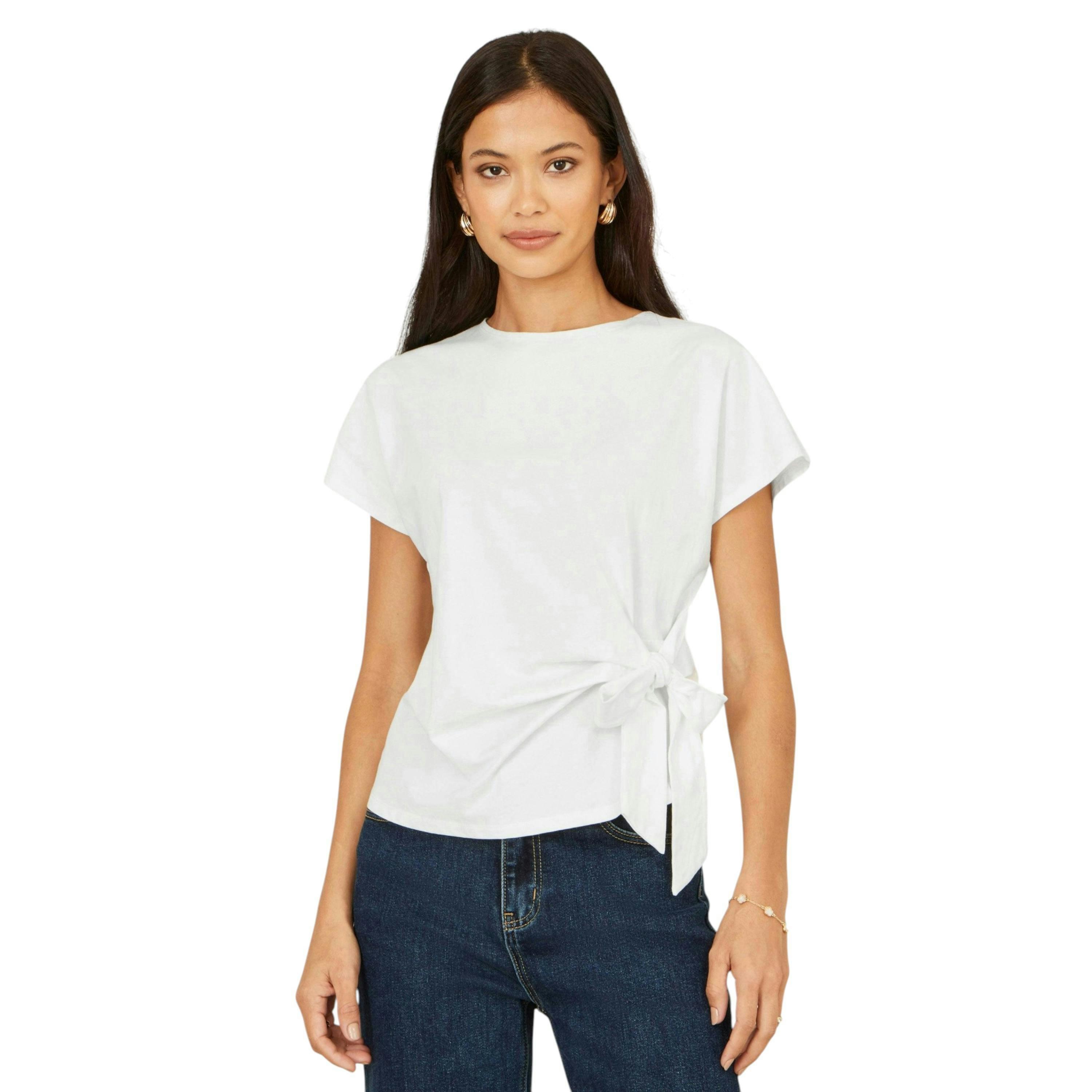 Yumi White Cotton Jersey Top With Knot Detail , view 3 of 5