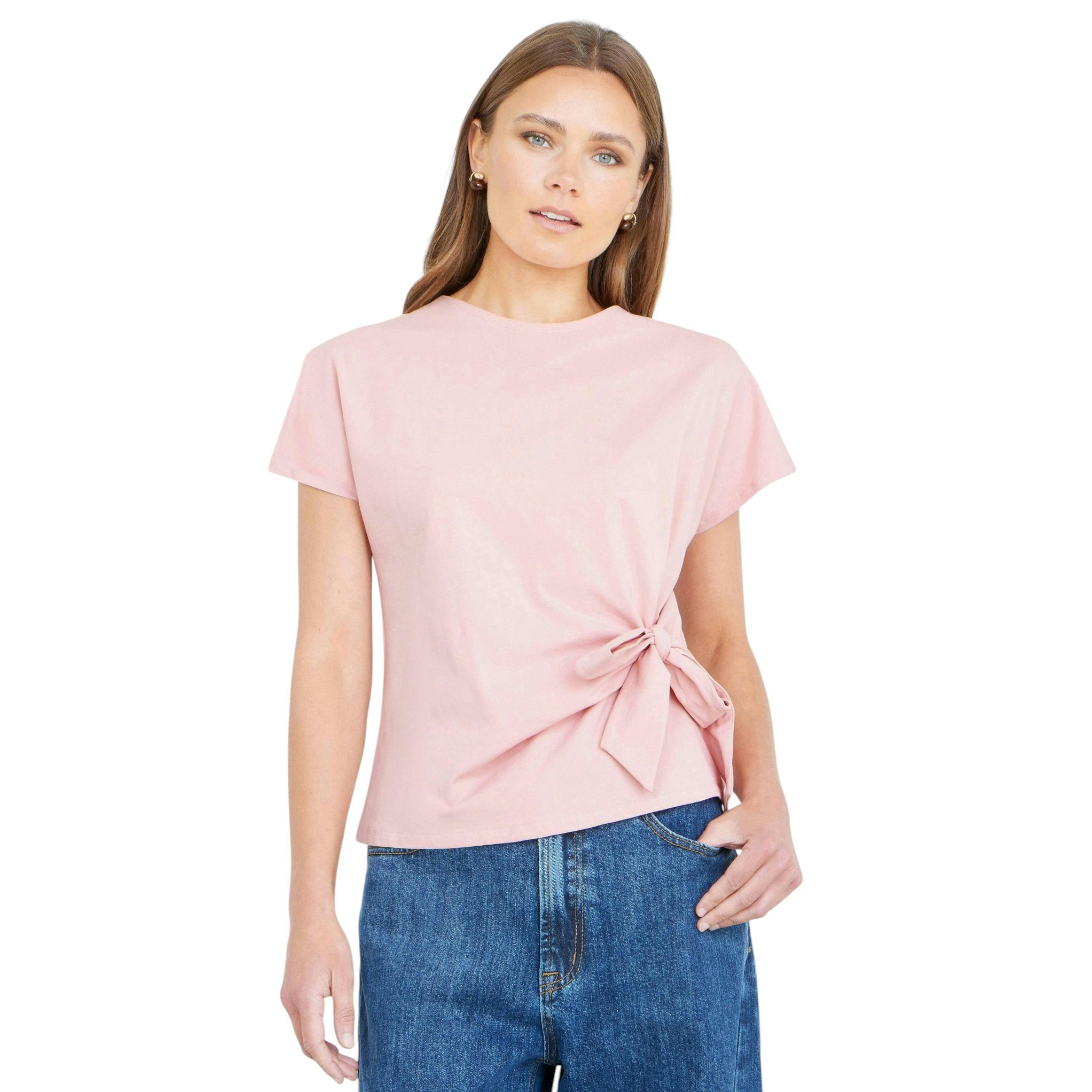 Yumi Pink Cotton Jersey Top With Knot Detail , view 1 of 6