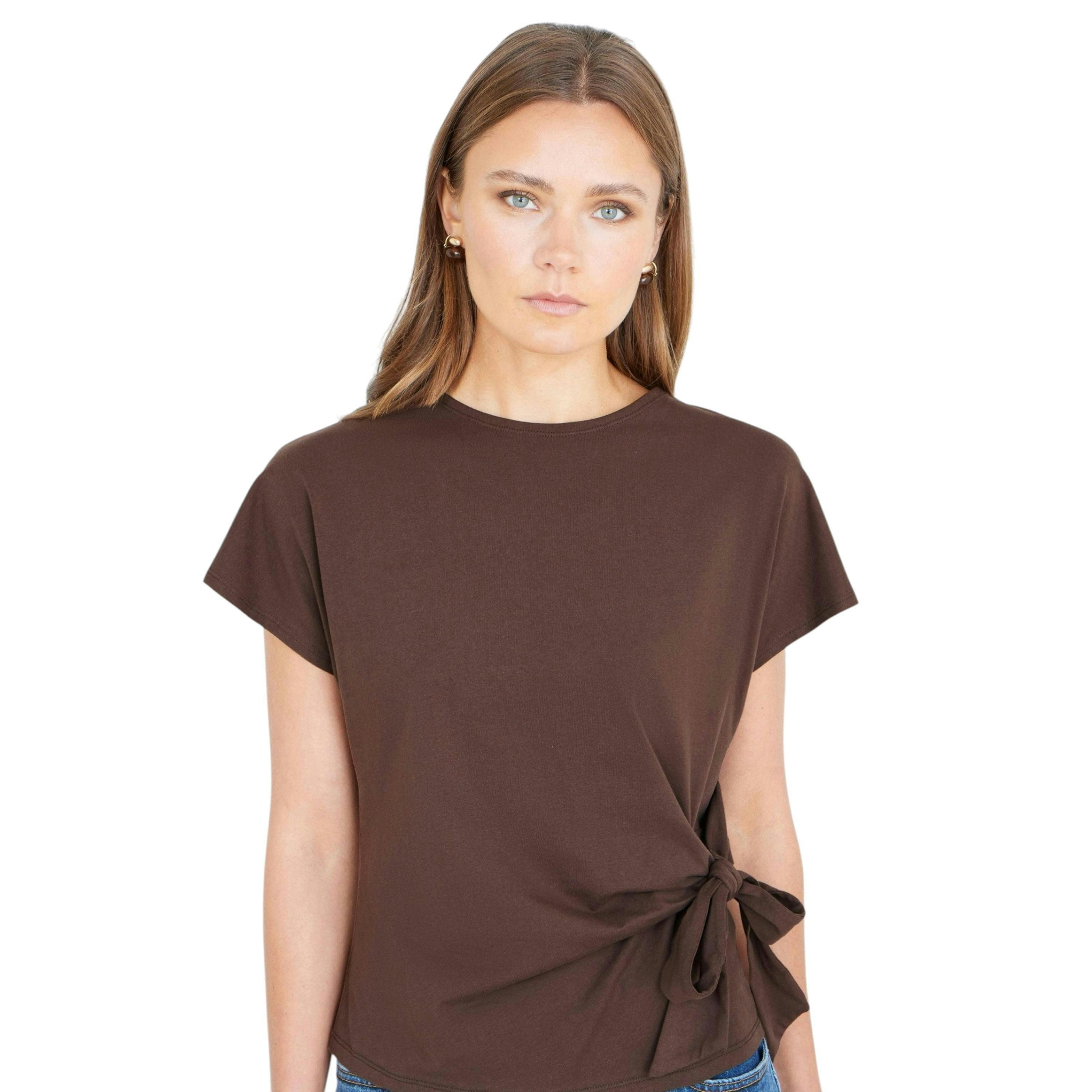 Yumi Brown Cotton Jersey Top With Knot Detail , view 1 of 6