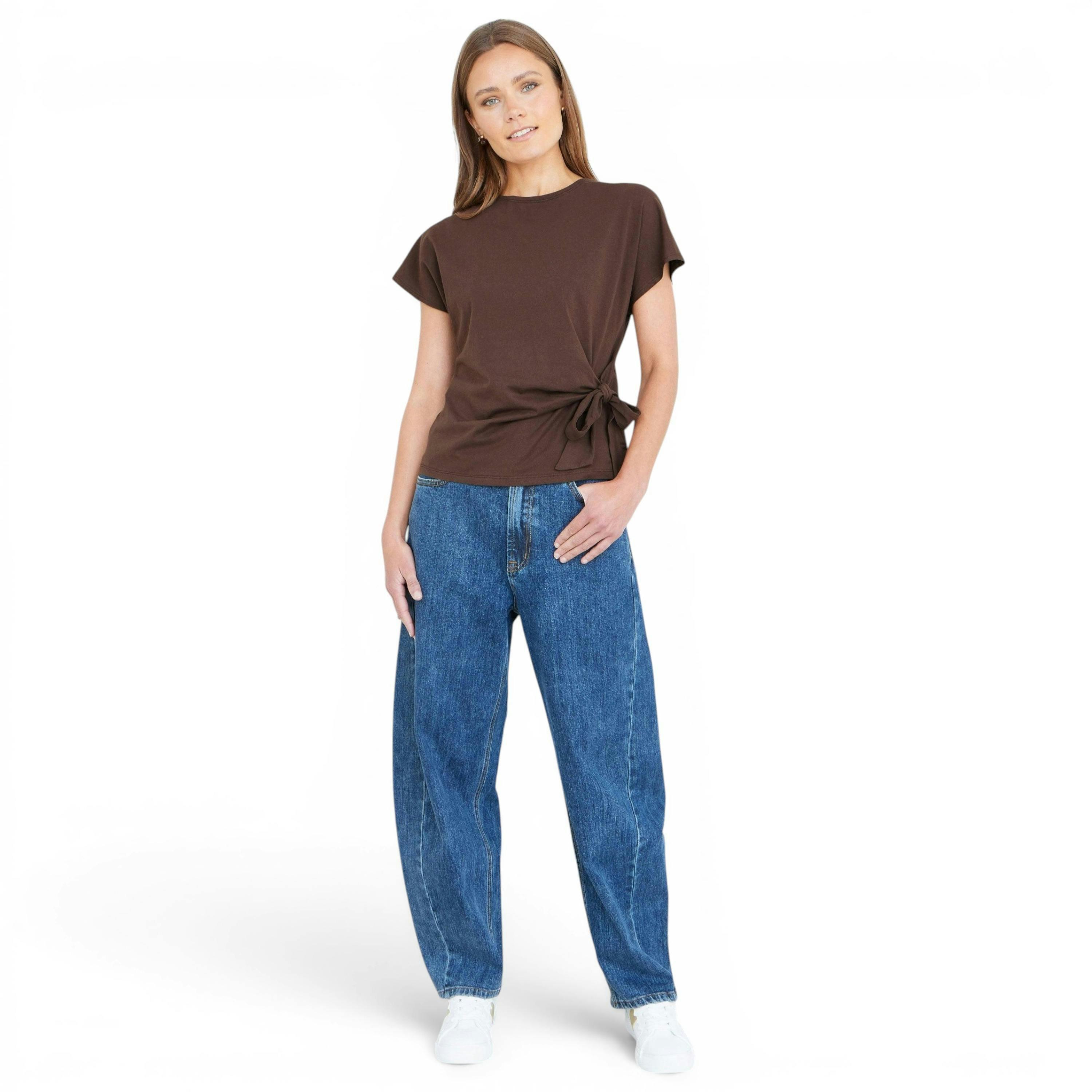 Yumi Brown Cotton Jersey Top With Knot Detail , view 2 of 6