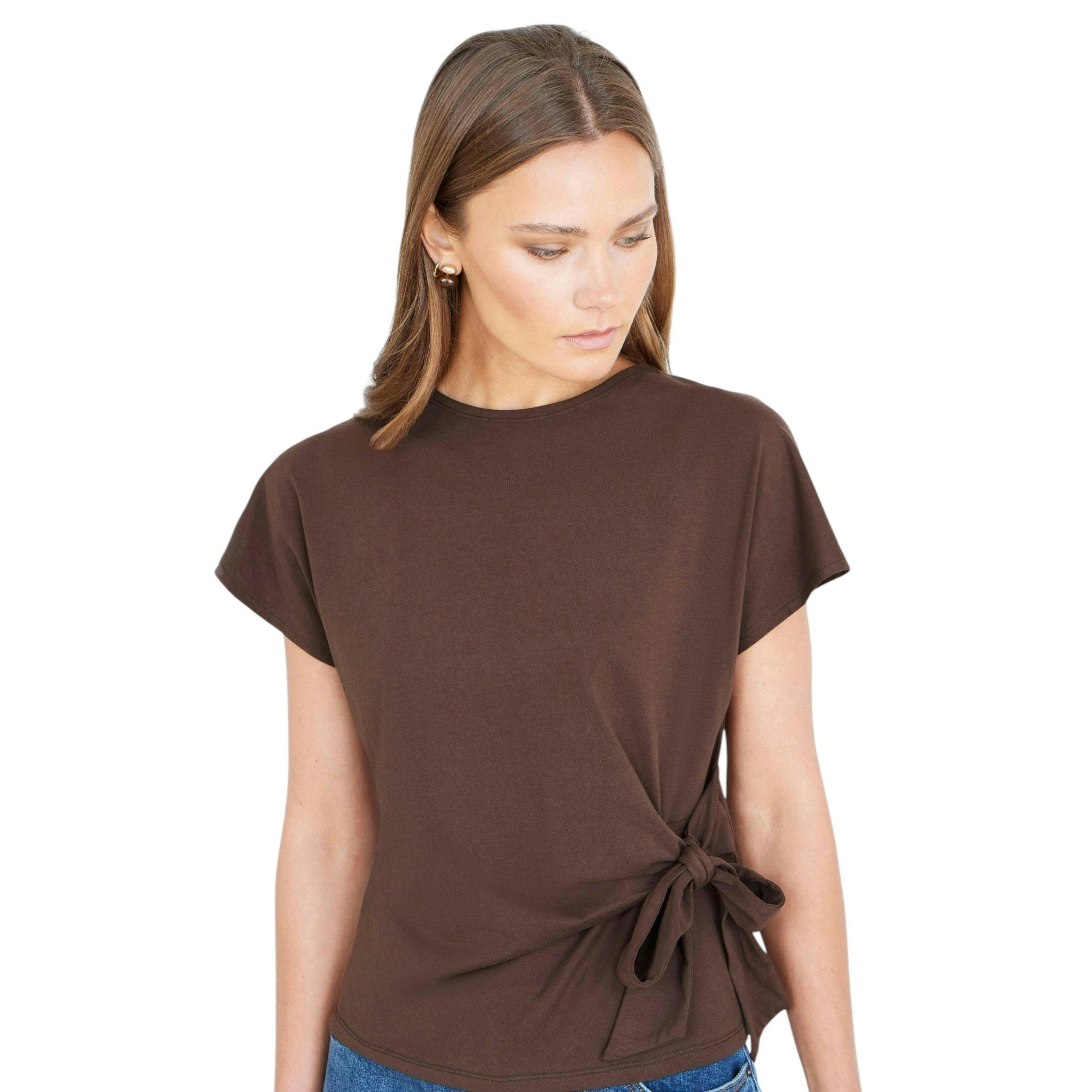 Yumi Brown Cotton Jersey Top With Knot Detail , view 3 of 6