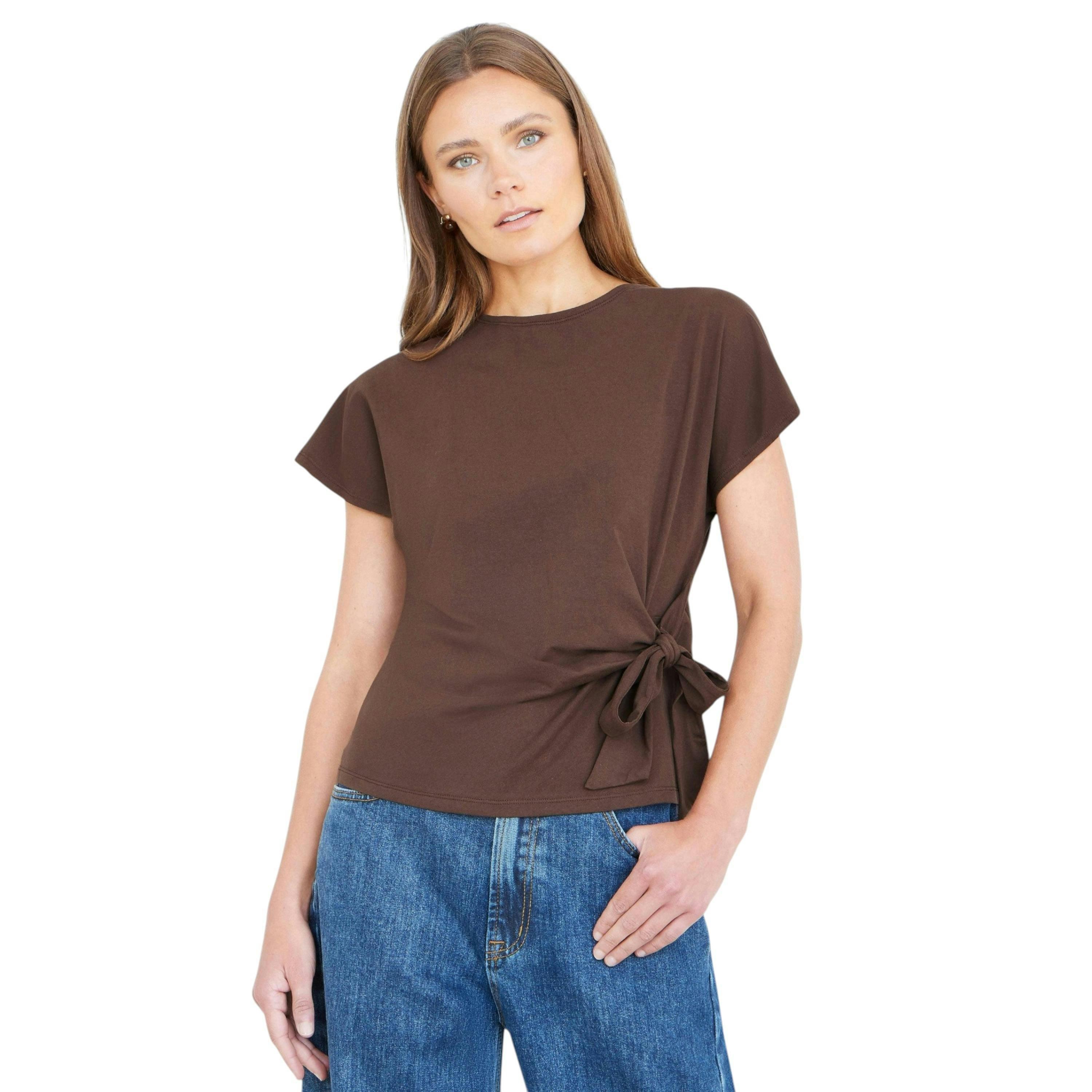 Yumi Brown Cotton Jersey Top With Knot Detail , view 5 of 6