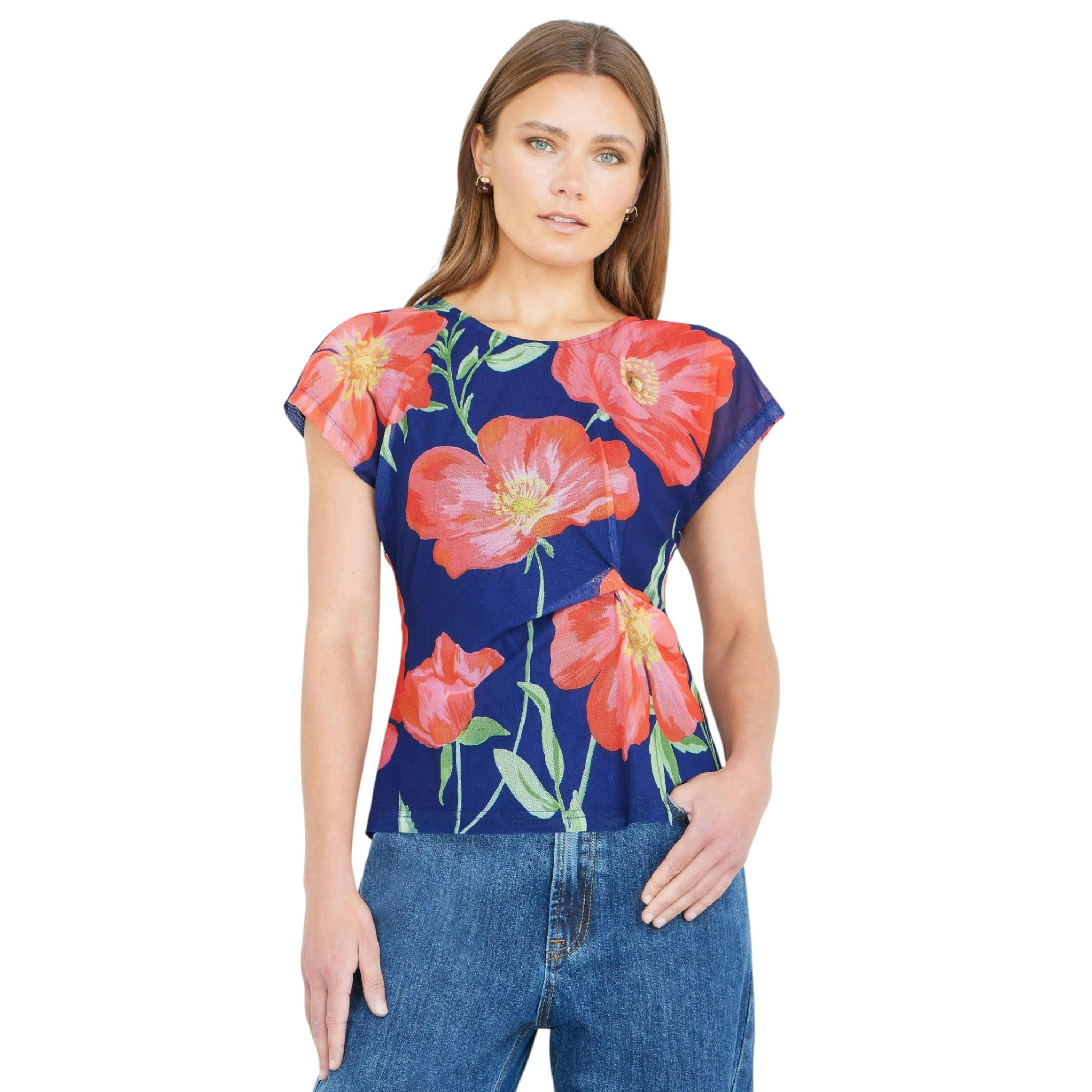 Yumi Navy Poppy Mesh Top , view 1 of 6