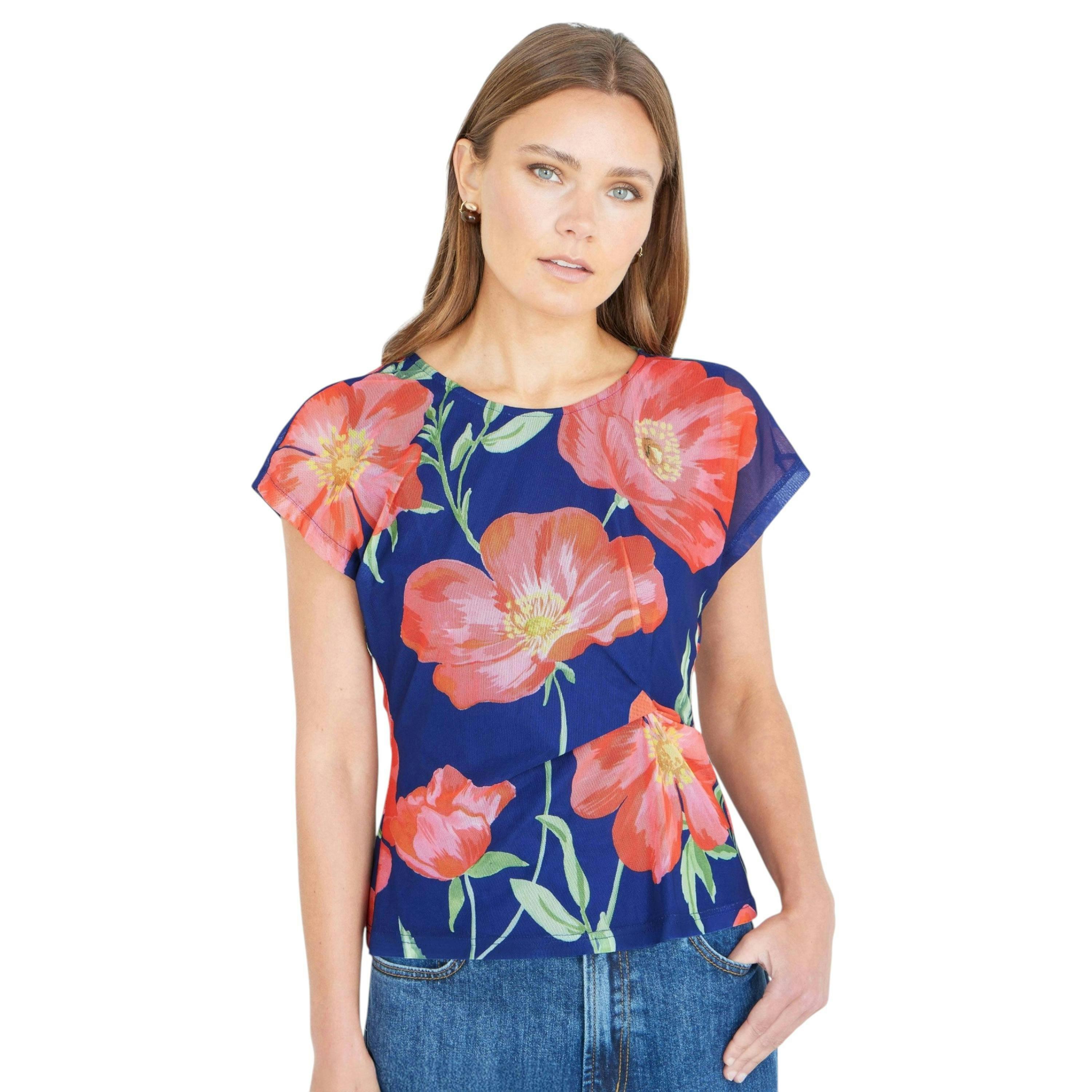 Yumi Navy Poppy Mesh Top , view 5 of 6