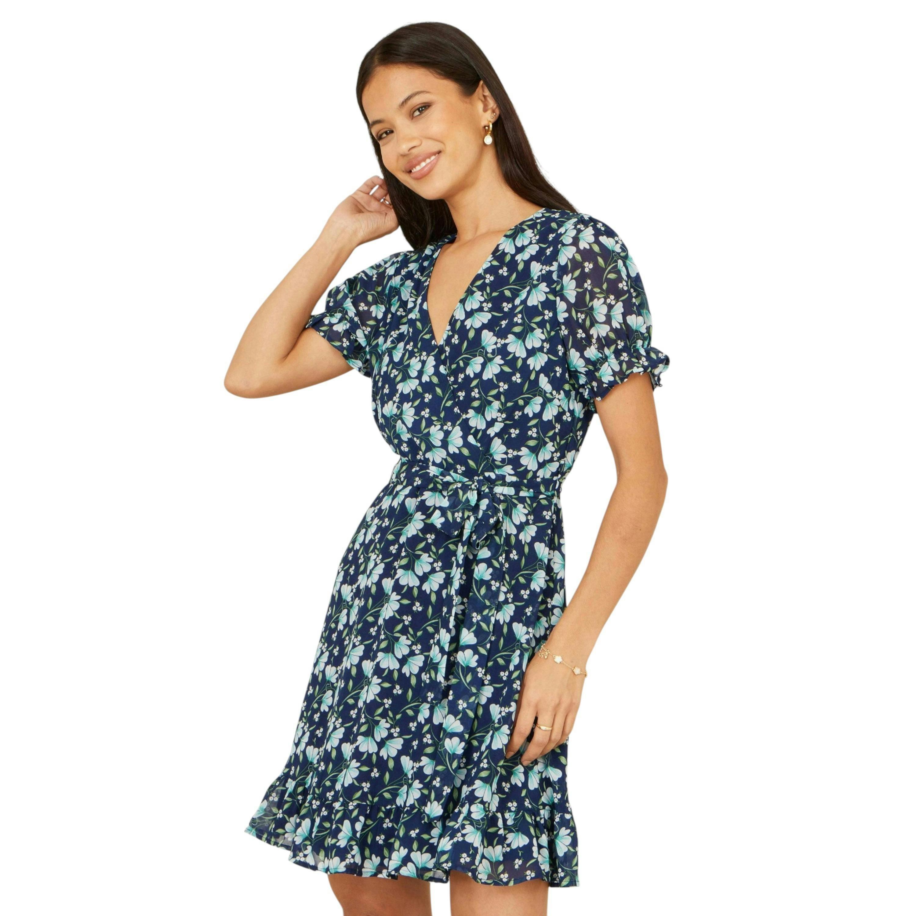 Yumi Blue Floral Skater Wrap Dress , view 1 of 6