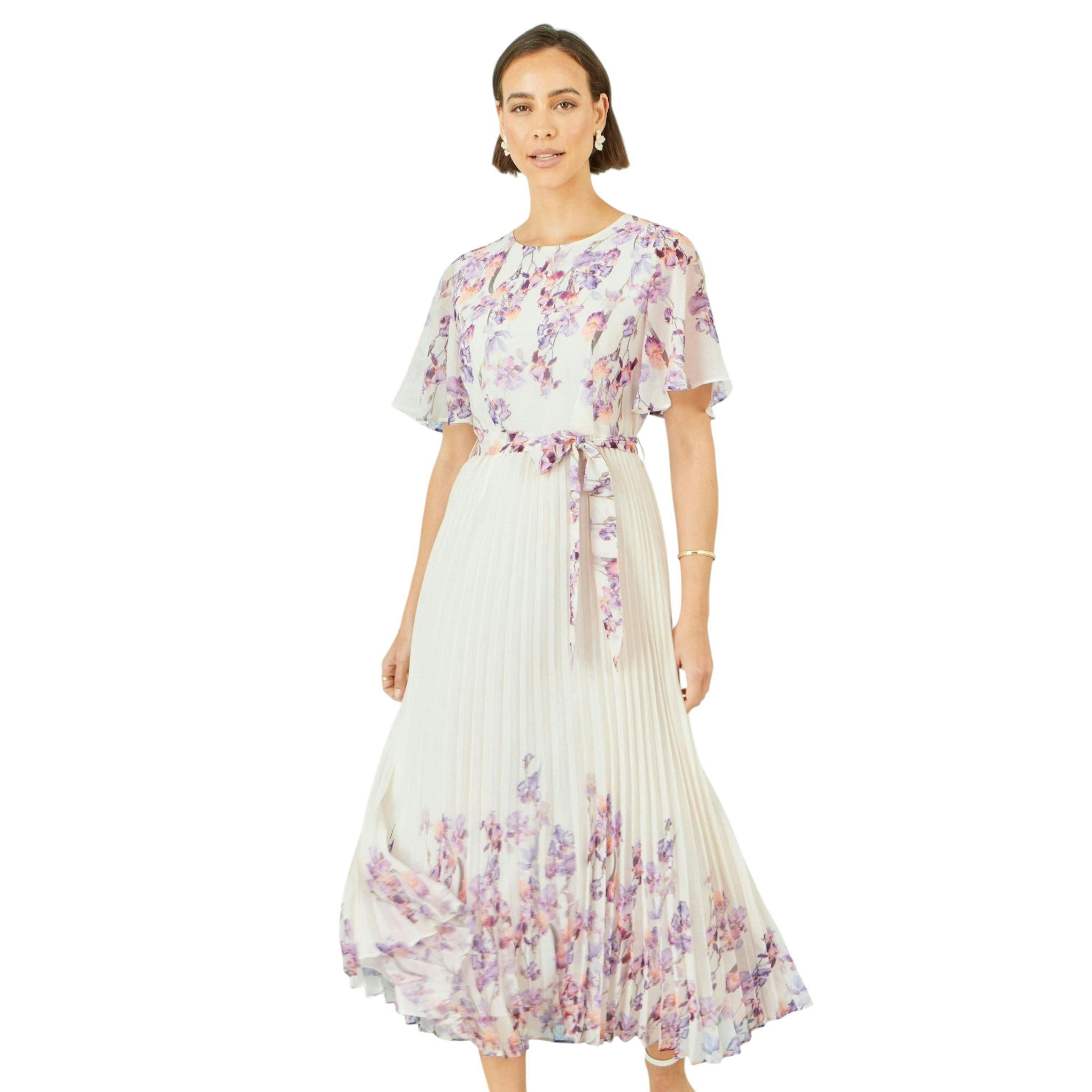 Yumi Ivory Floral Mirror Pleated Midi Dress , view 1 of 6