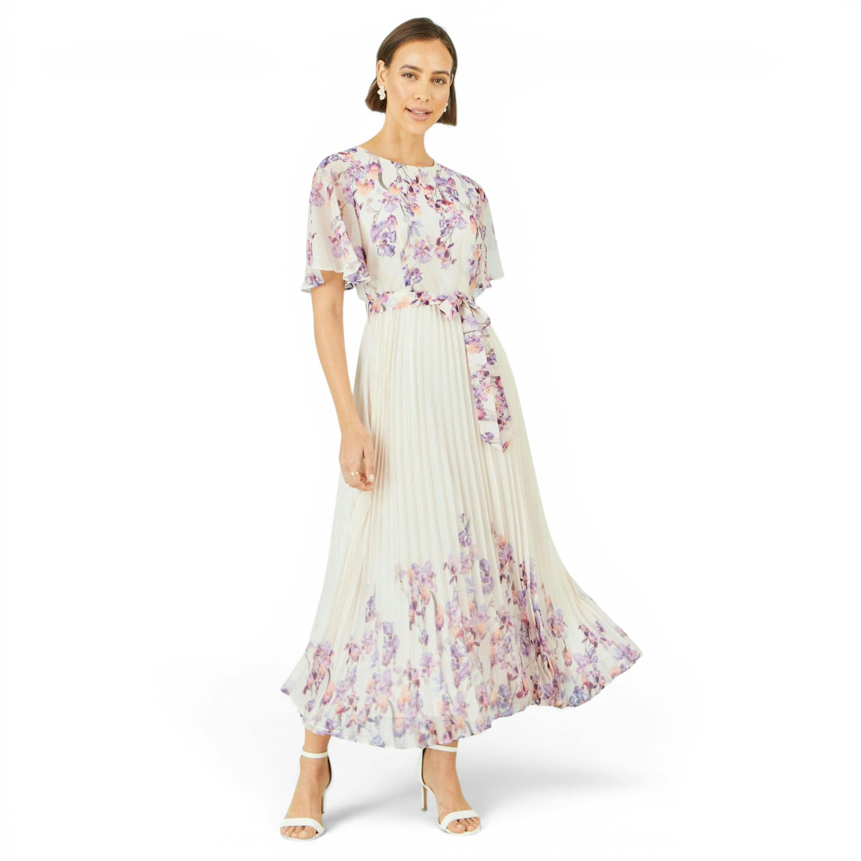 Yumi Ivory Floral Mirror Pleated Midi Dress , view 3 of 6