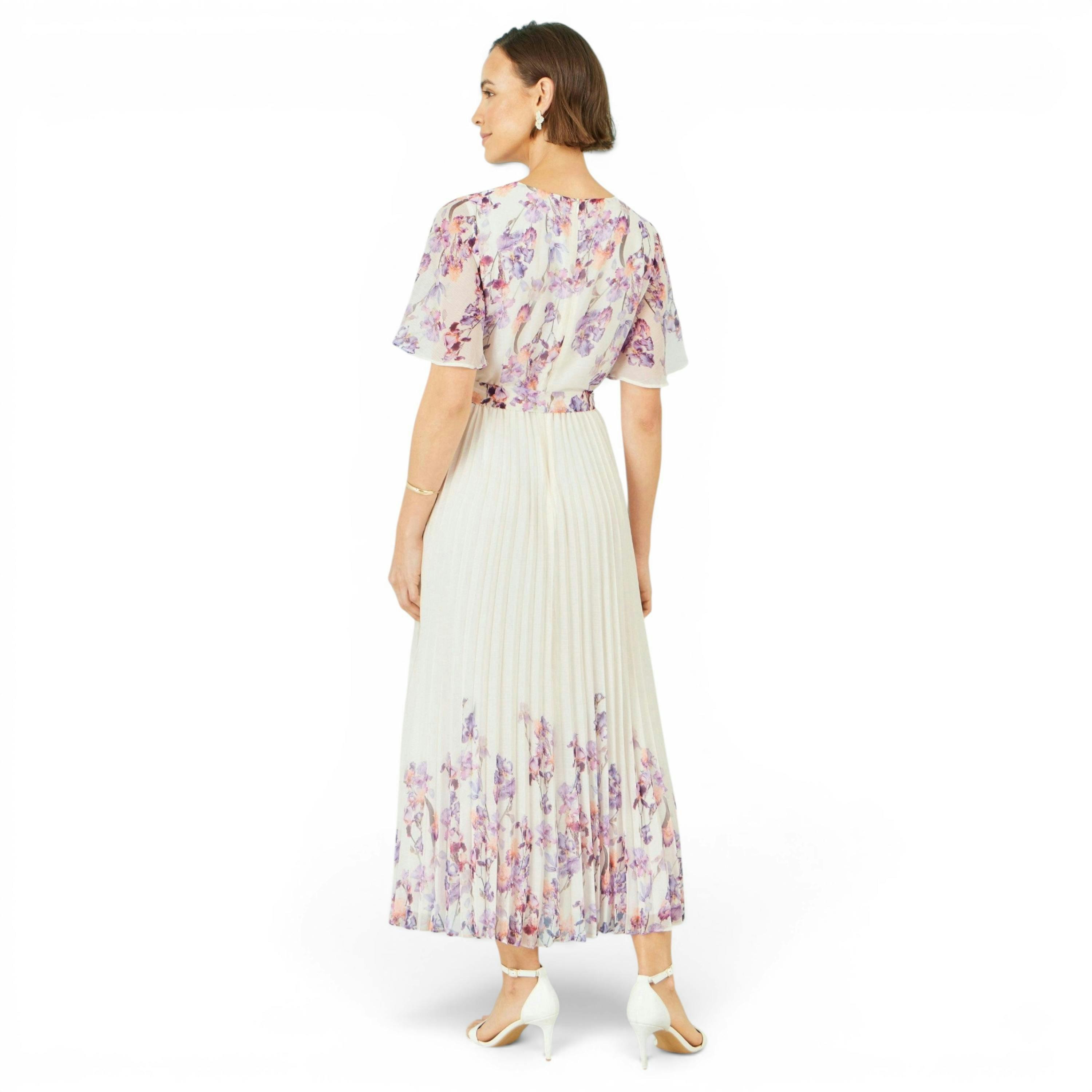 Yumi Ivory Floral Mirror Pleated Midi Dress , view 5 of 6