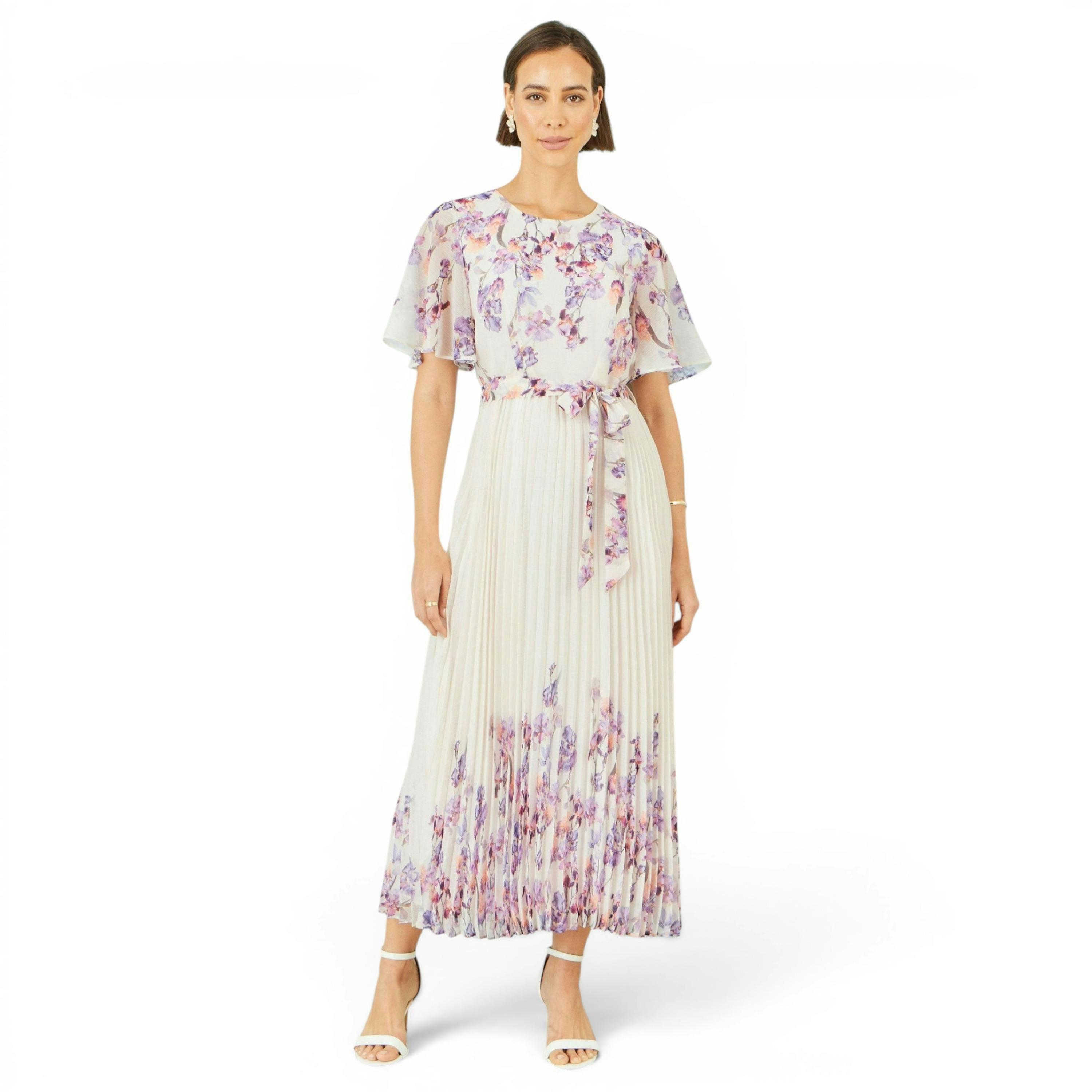 Yumi Ivory Floral Mirror Pleated Midi Dress , view 6 of 6