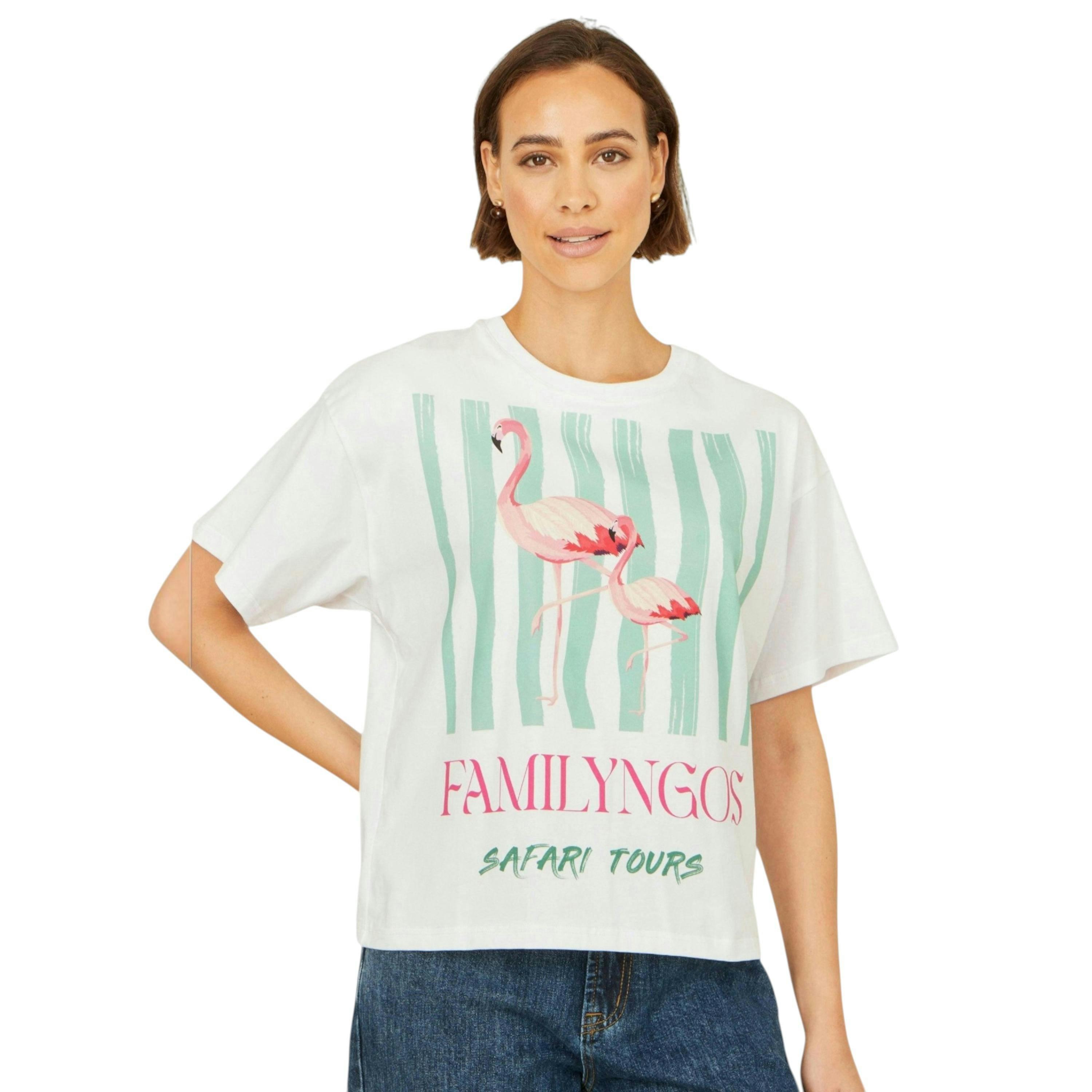Yumi White Retro Relaxed Flamingo Cotton T Shirt , view 1 of 5