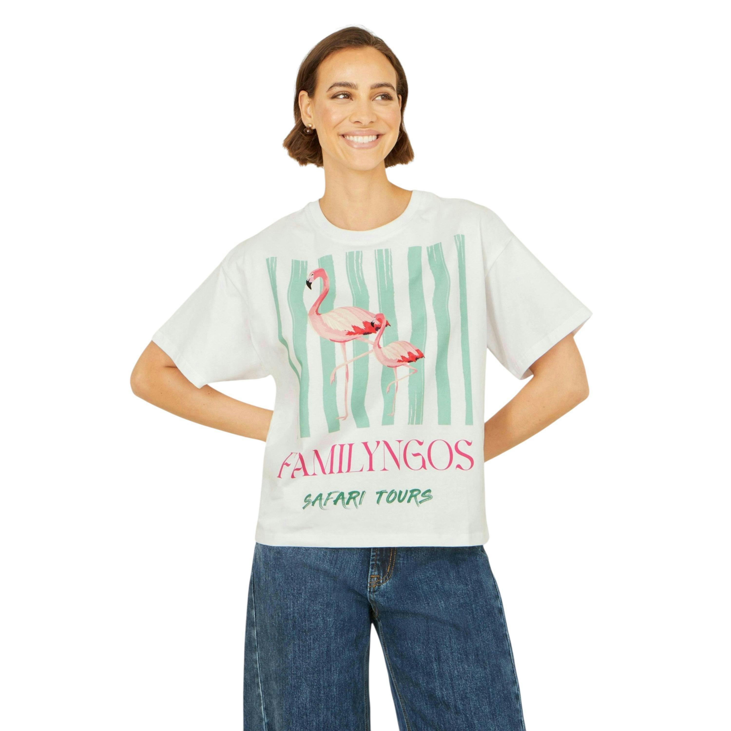 Yumi White Retro Relaxed Flamingo Cotton T Shirt , view 2 of 5