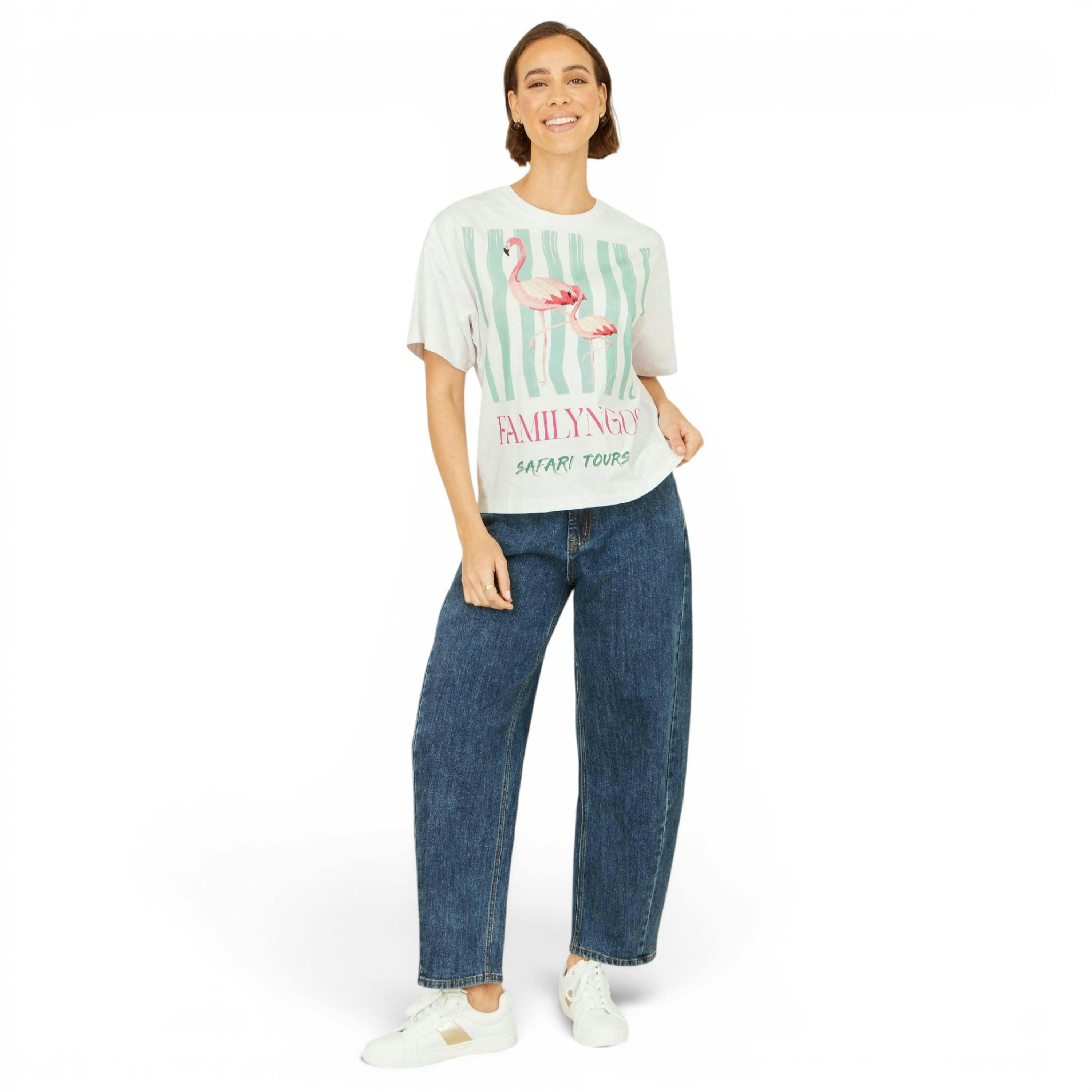 Yumi White Retro Relaxed Flamingo Cotton T Shirt , view 4 of 5