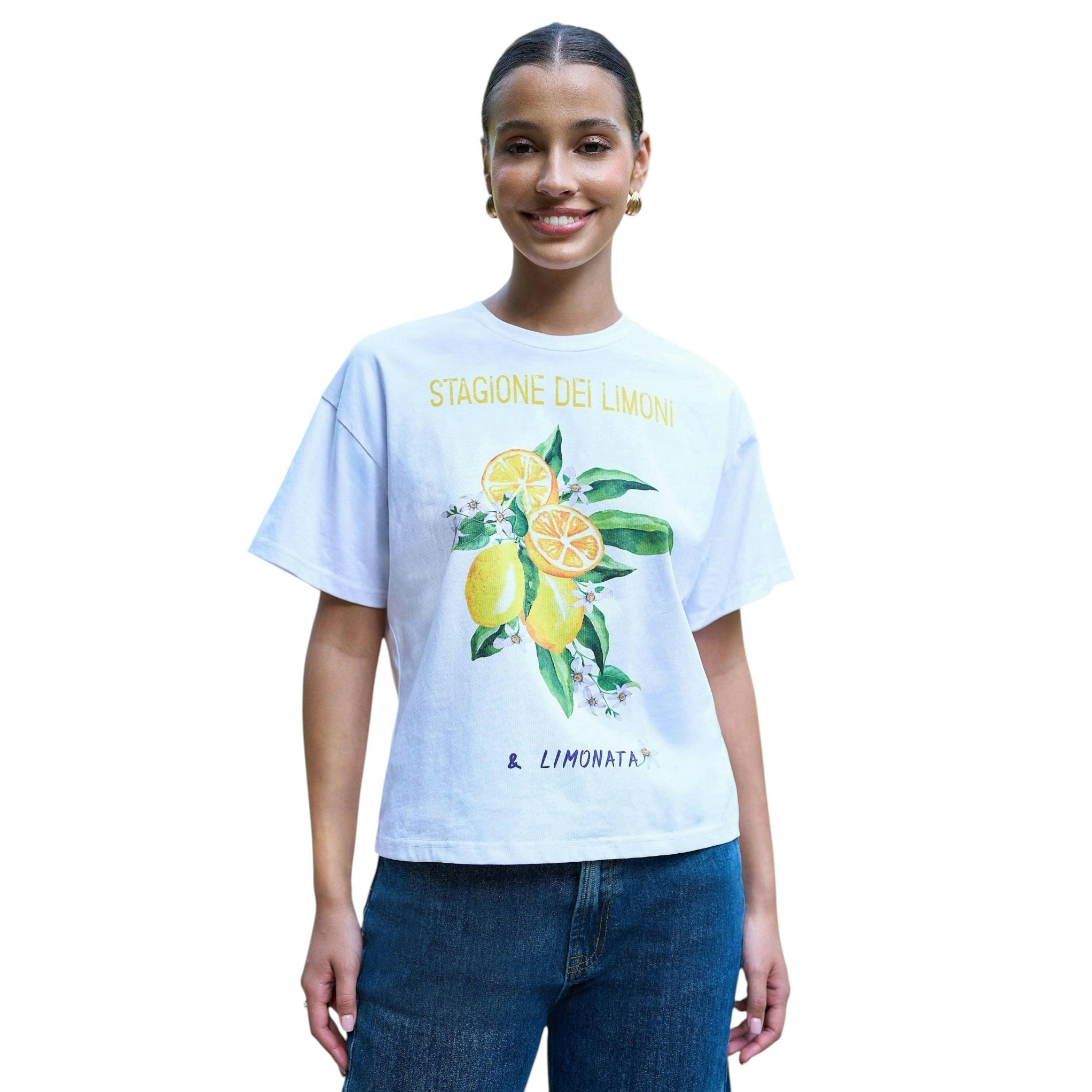 Yumi White Retro Relaxed Lemon Print Cotton T Shirt , view 1 of 4