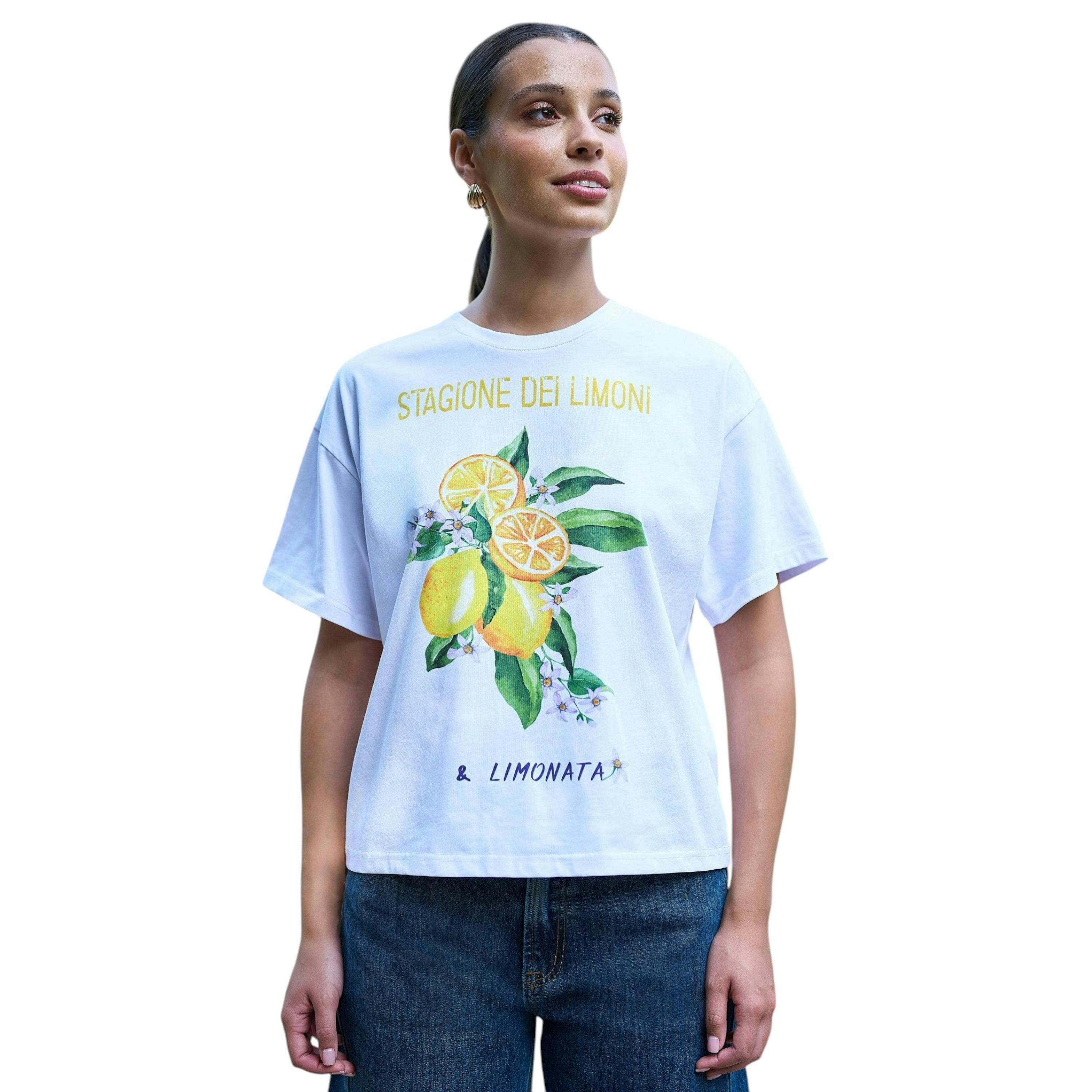 Yumi White Retro Relaxed Lemon Print Cotton T Shirt , view 3 of 4